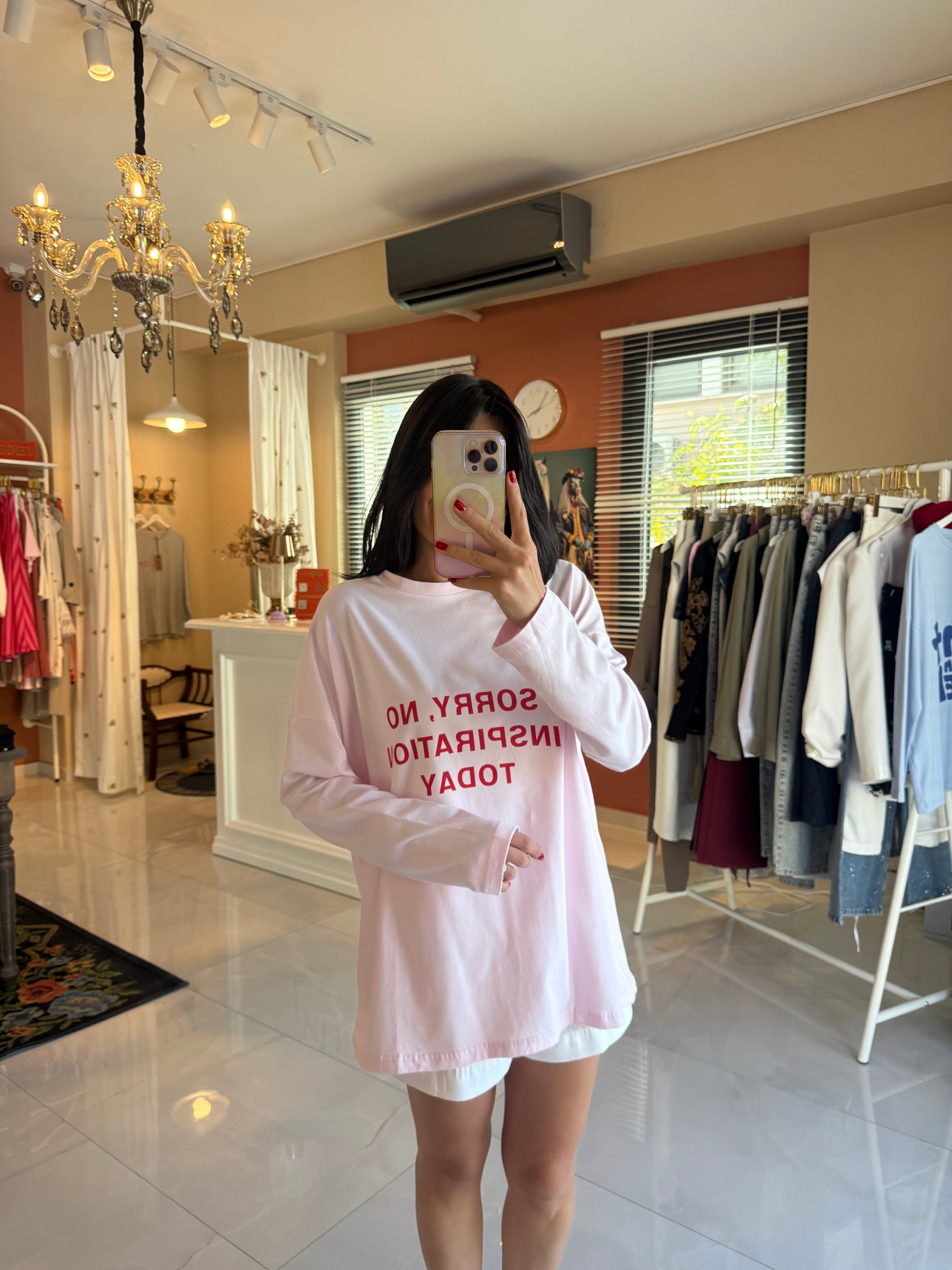 Pembe Baskılı Basic Uzun Kollu Tshirt