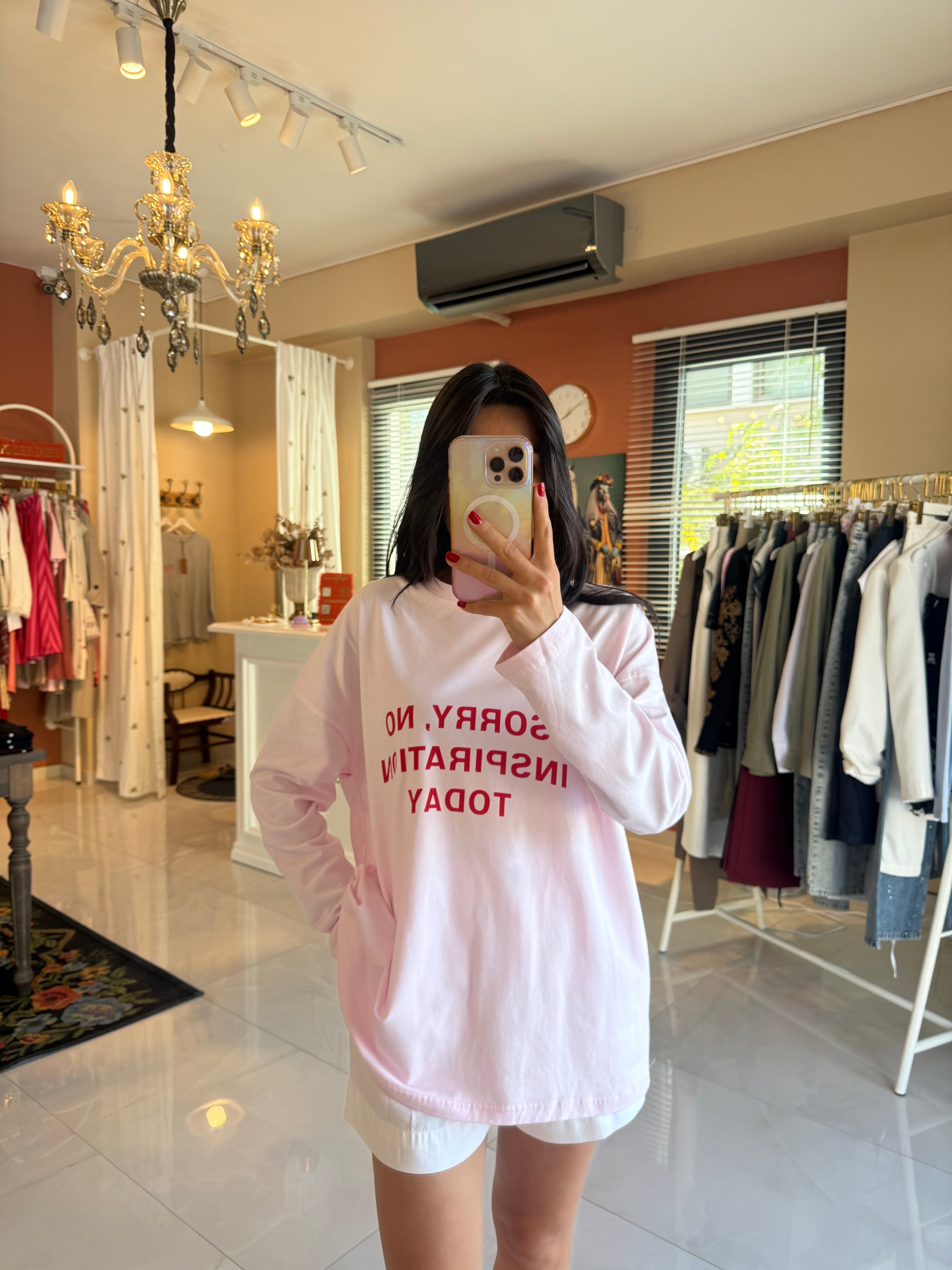Pembe Baskılı Basic Uzun Kollu Tshirt