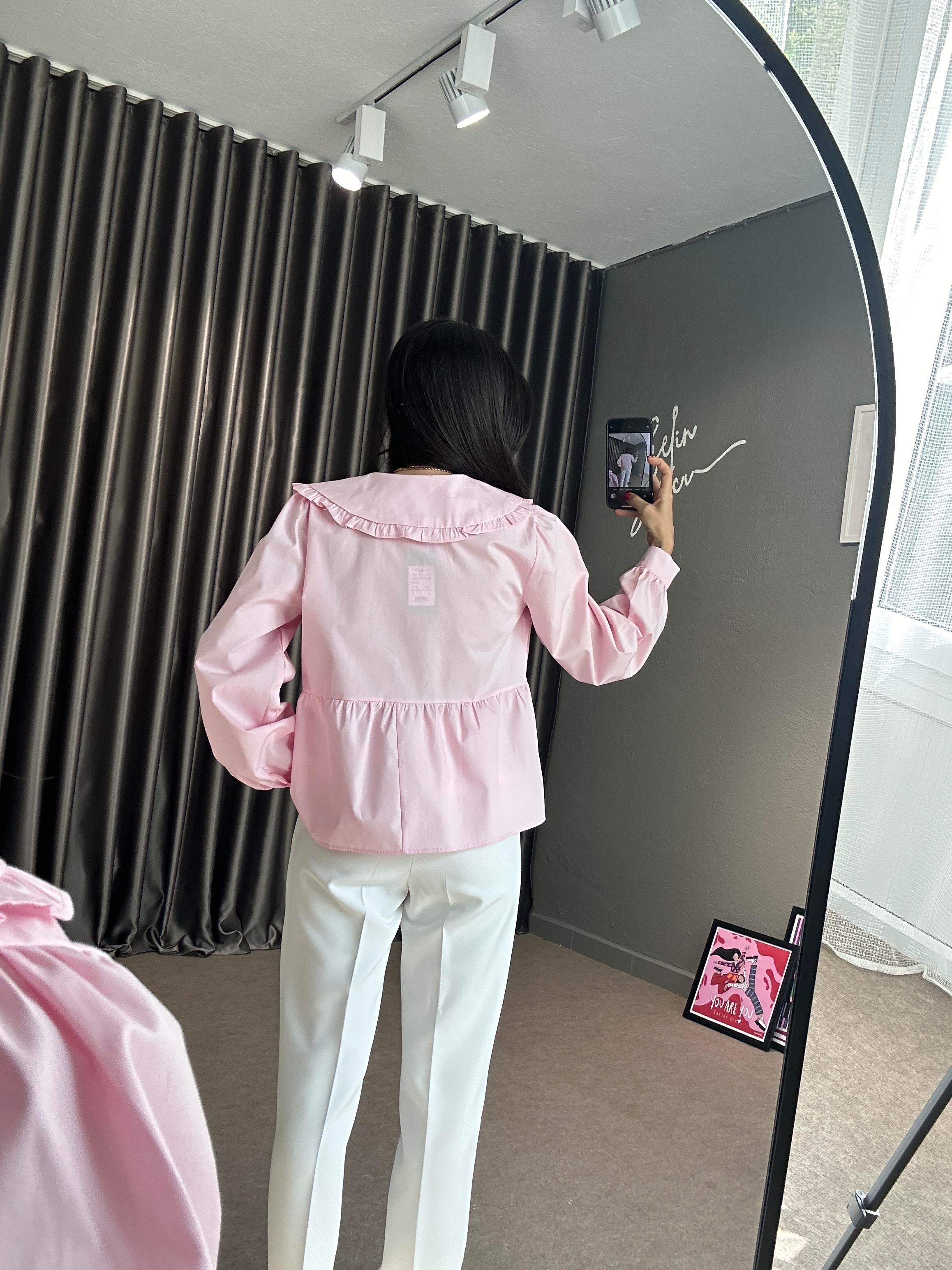 Pembe Bebe Yaka Bağlamalı Poplin Gömlek
