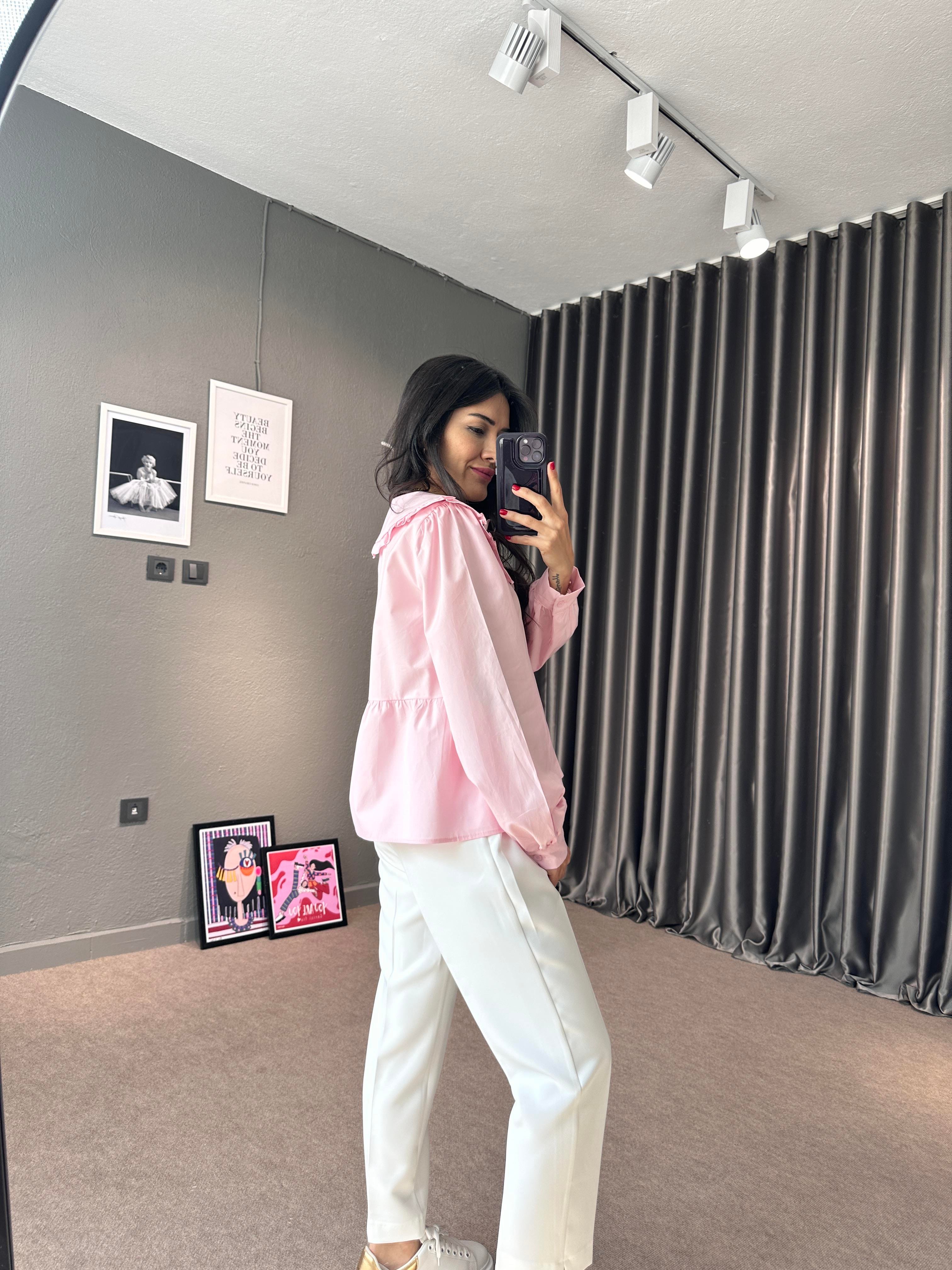 Pembe Bebe Yaka Bağlamalı Poplin Gömlek