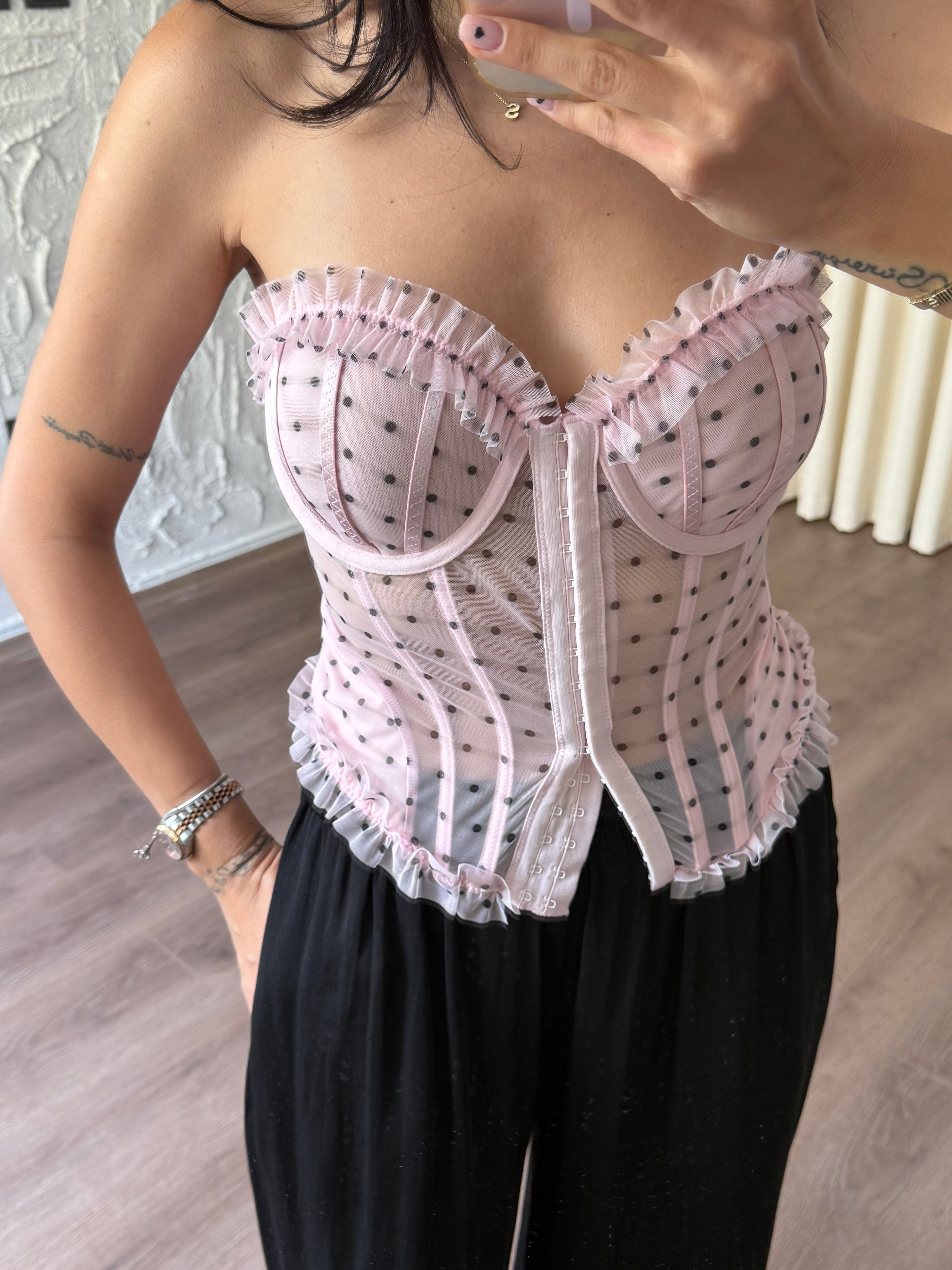 Pembe Puantiyeli Transparan Korse