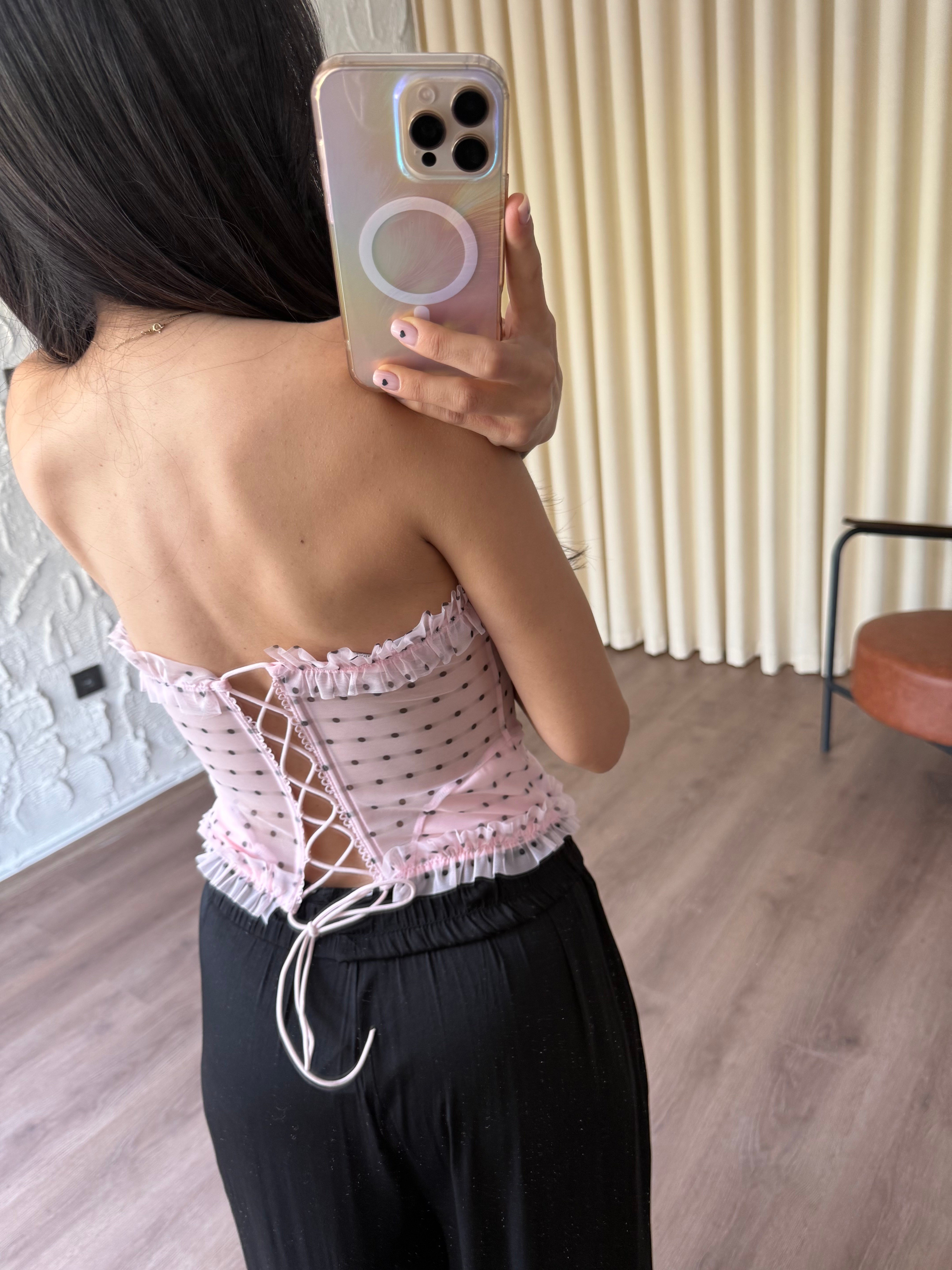 Pembe Puantiyeli Transparan Korse