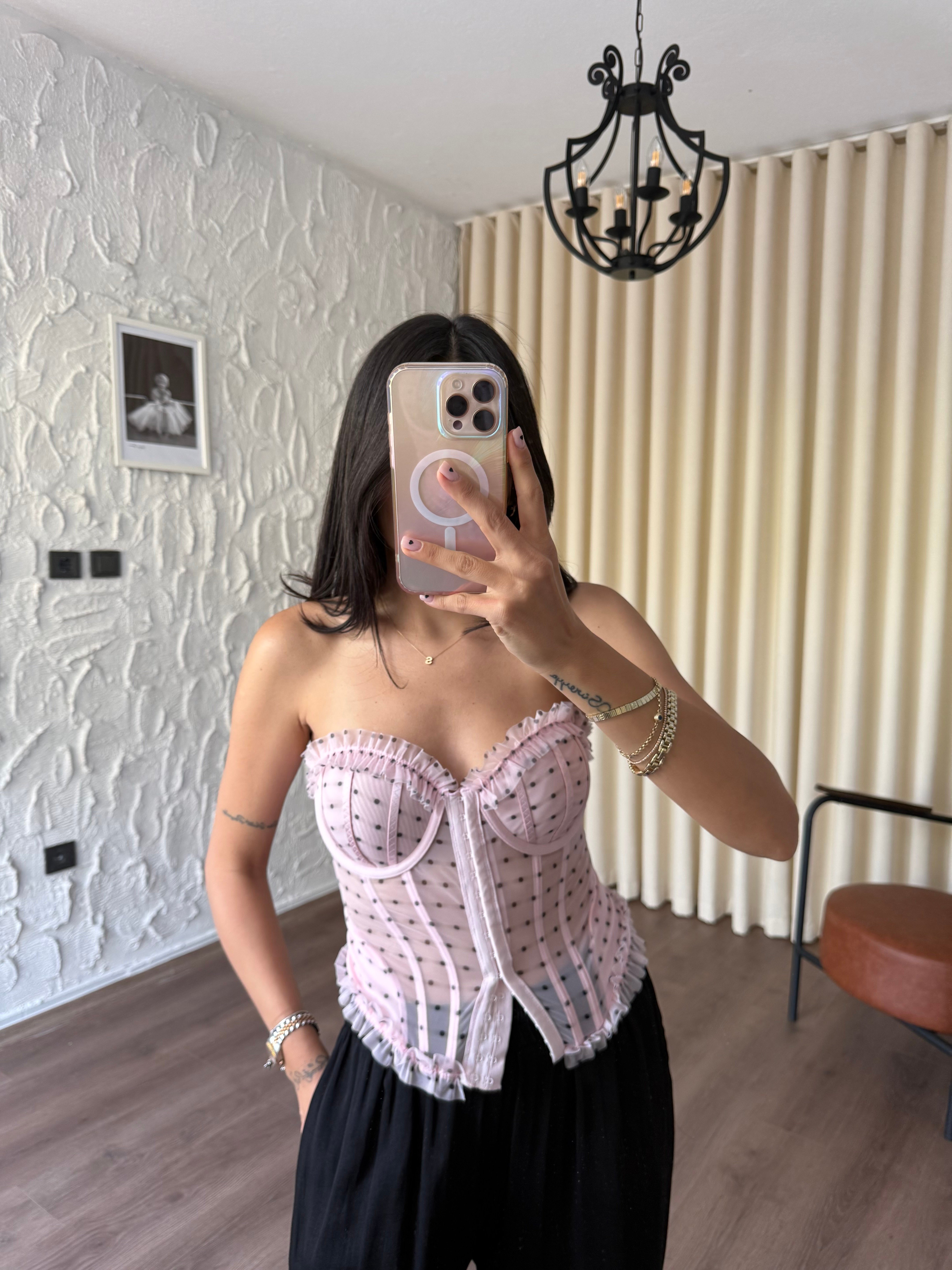 Pembe Puantiyeli Transparan Korse