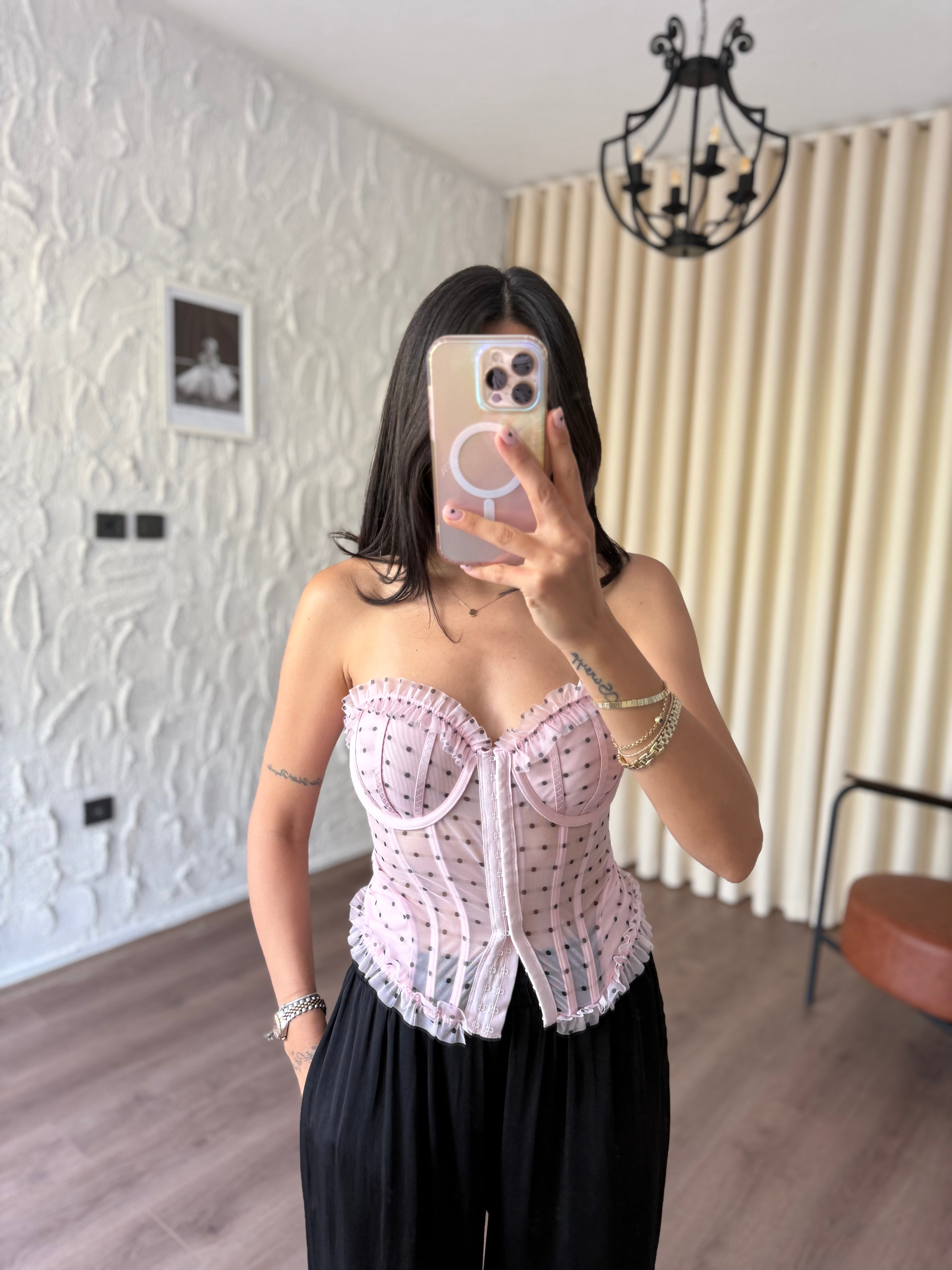 Pembe Puantiyeli Transparan Korse