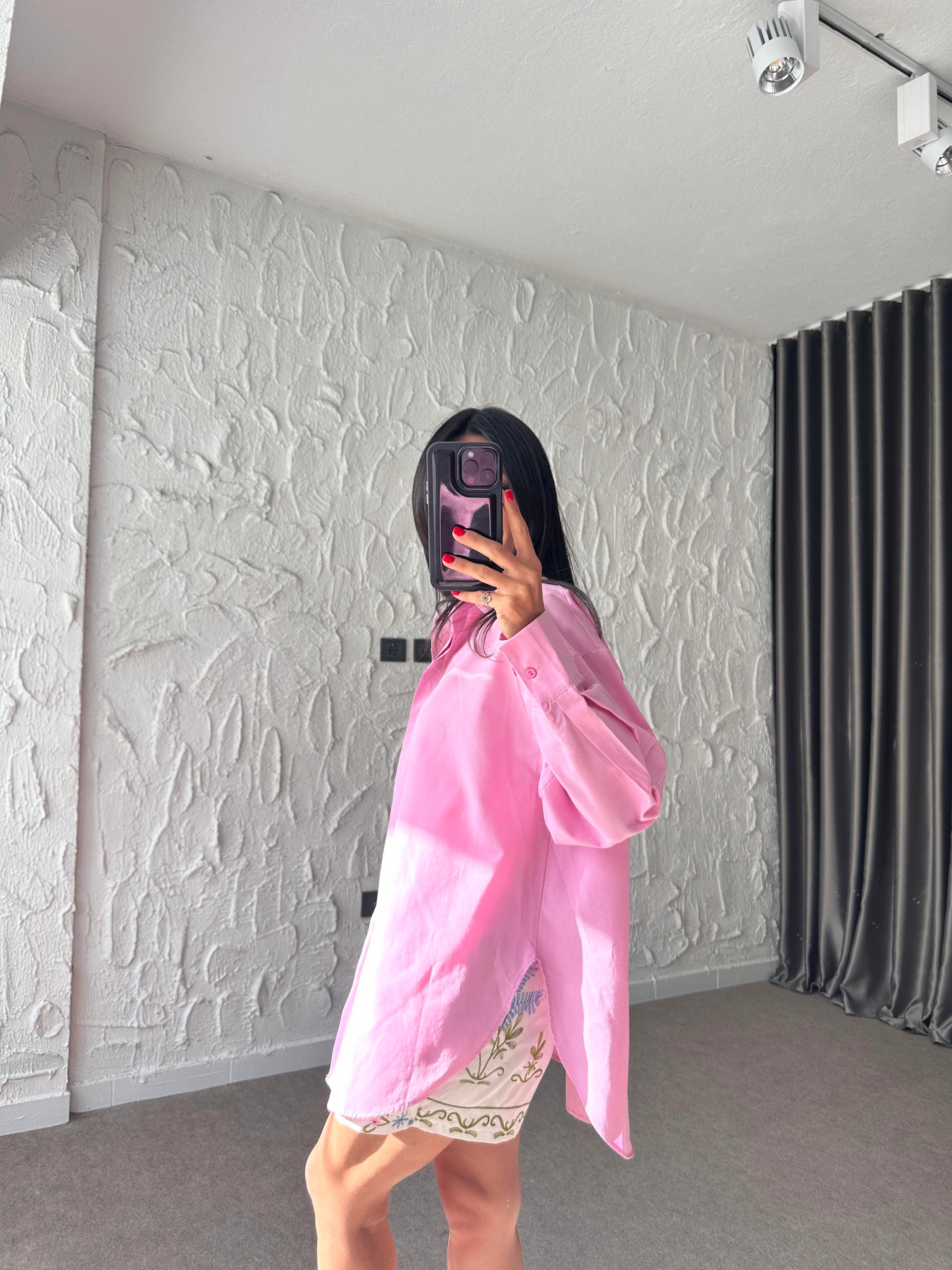 Pembe Rahat Kesim Poplin Gömlek