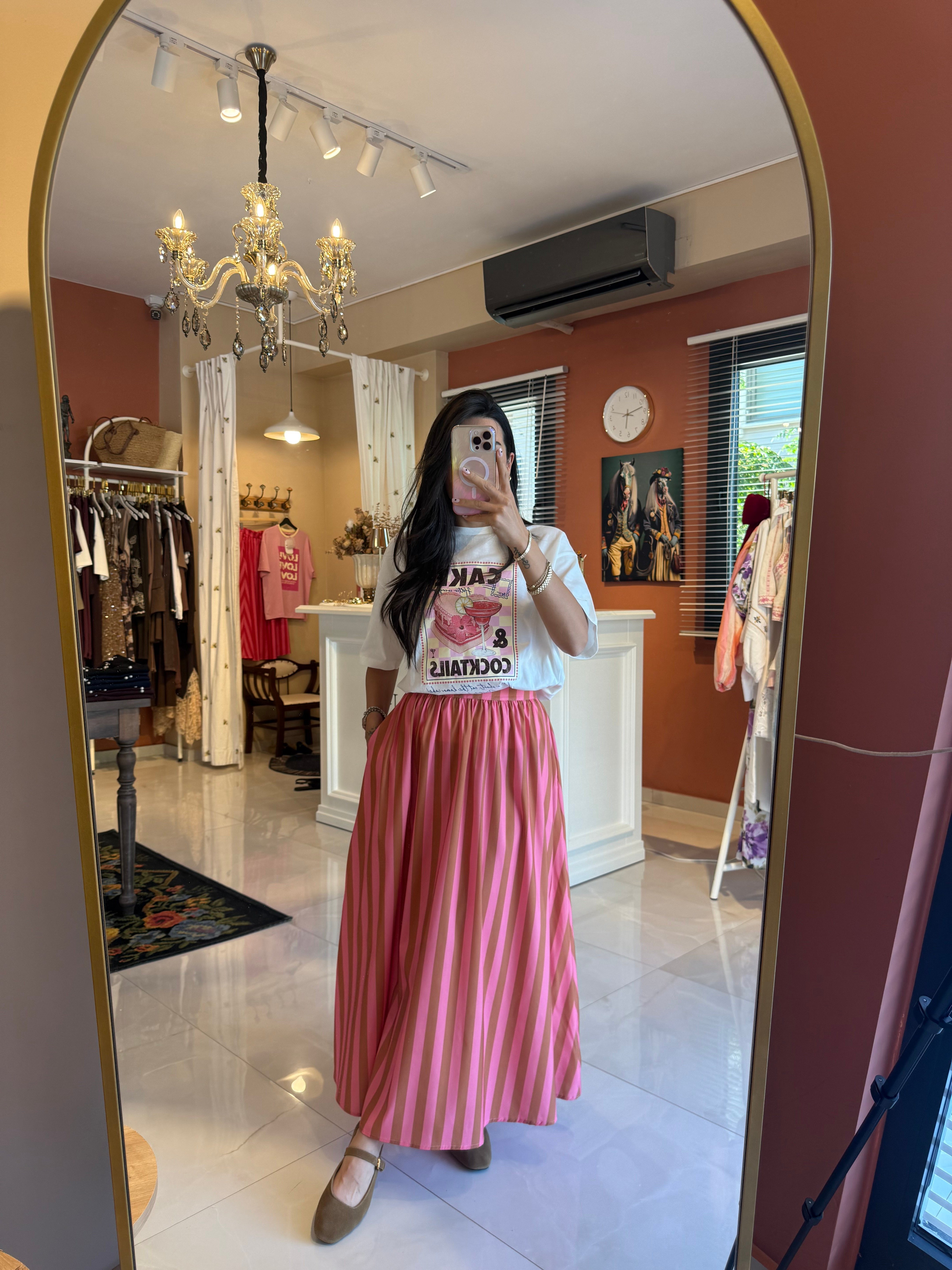 Pembe Taba Çizgili Midi Etek