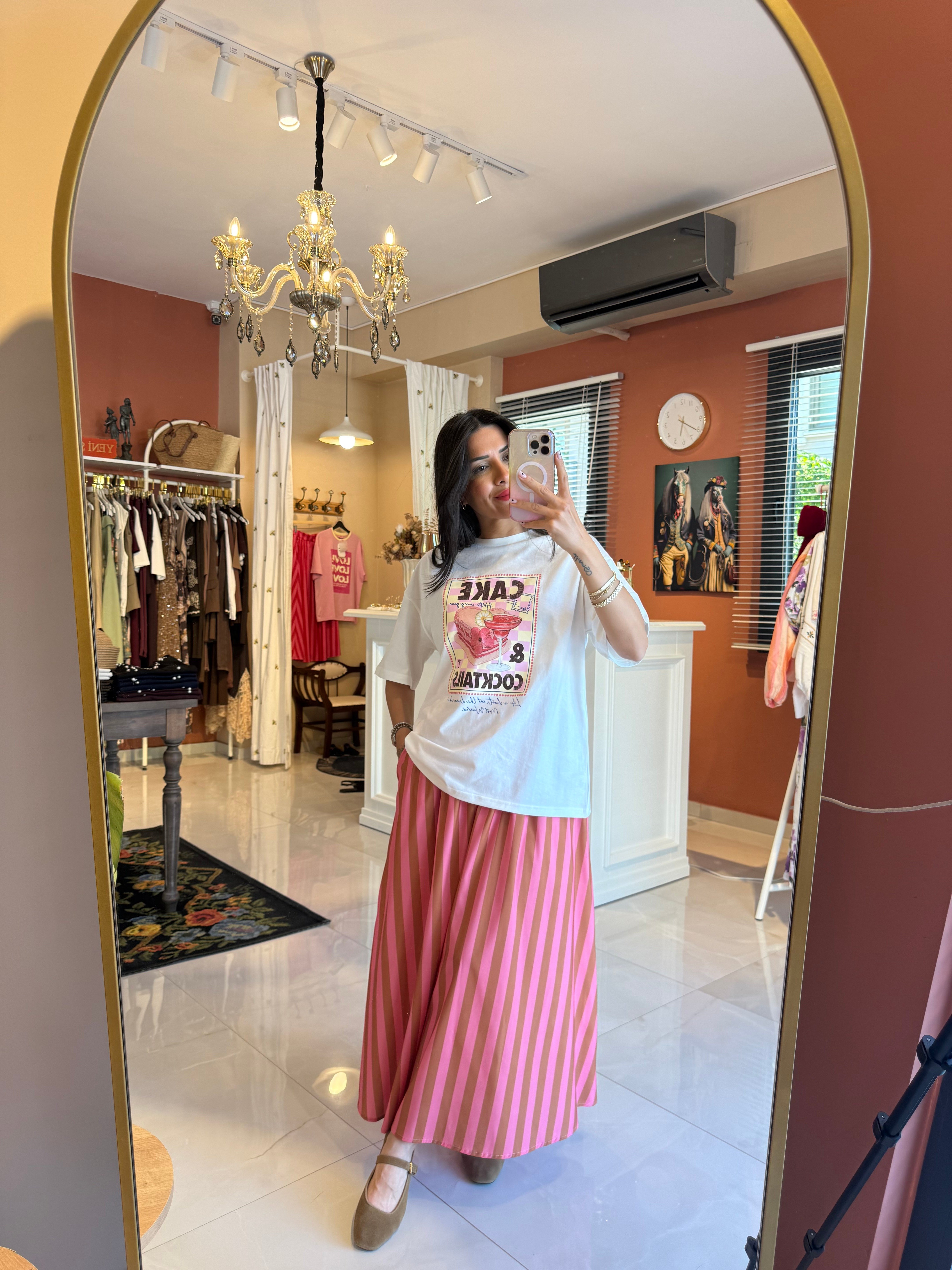 Pembe Taba Çizgili Midi Etek