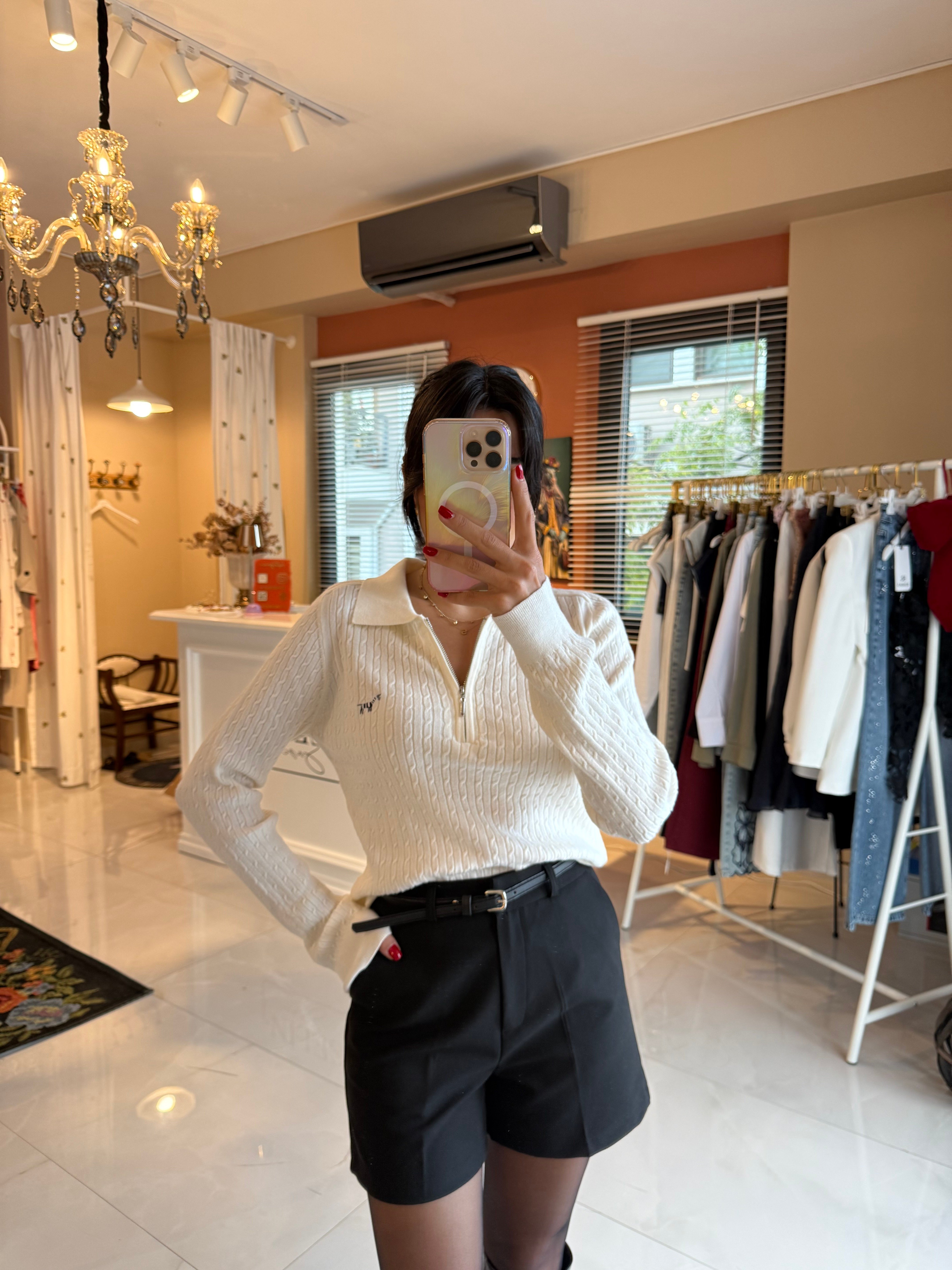 Saç Örgü Polo Yaka Zebra Nakışlı Ekru Triko