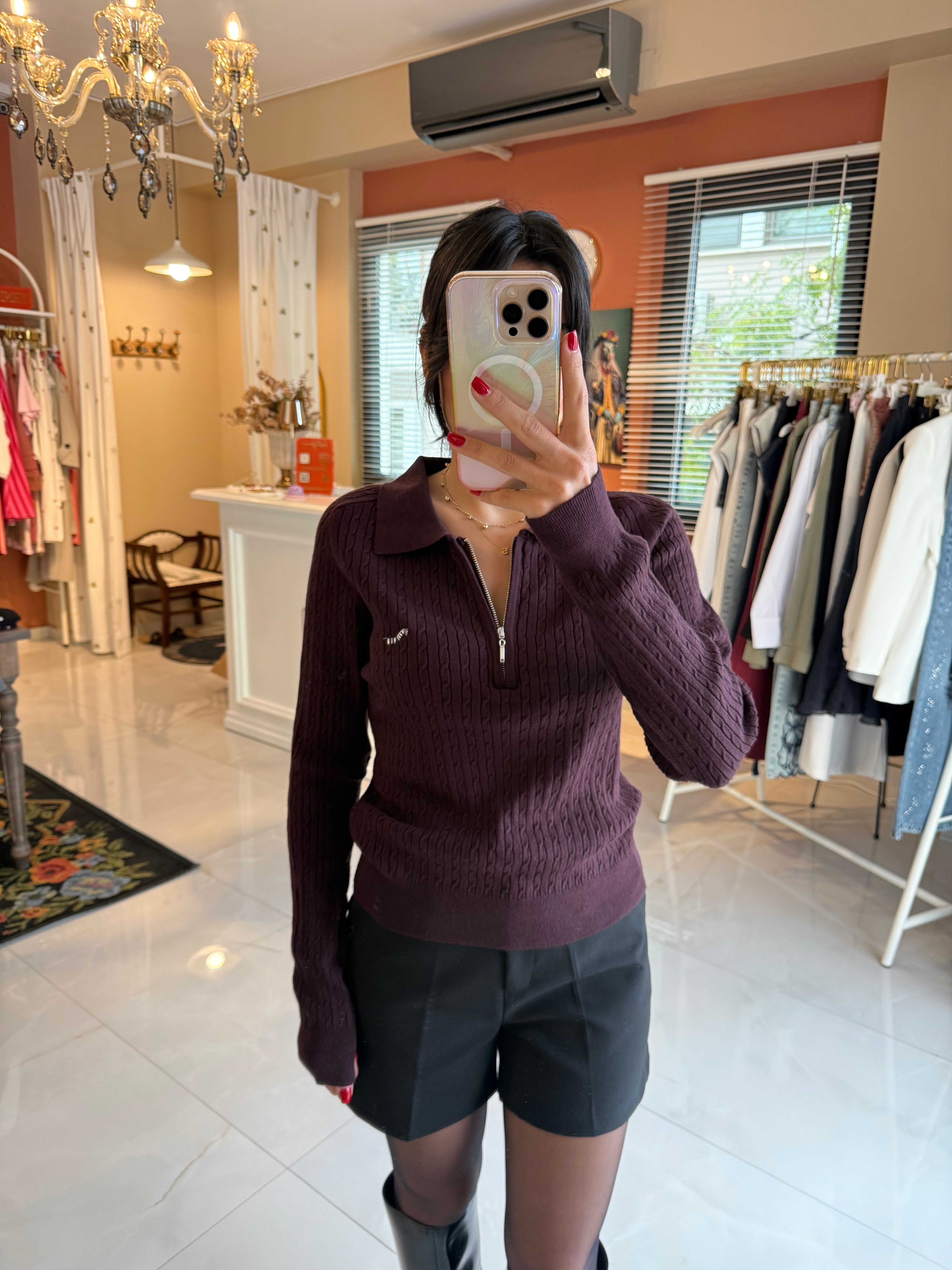 Saç Örgü Polo Yaka Zebra Nakışlı Kahve Triko