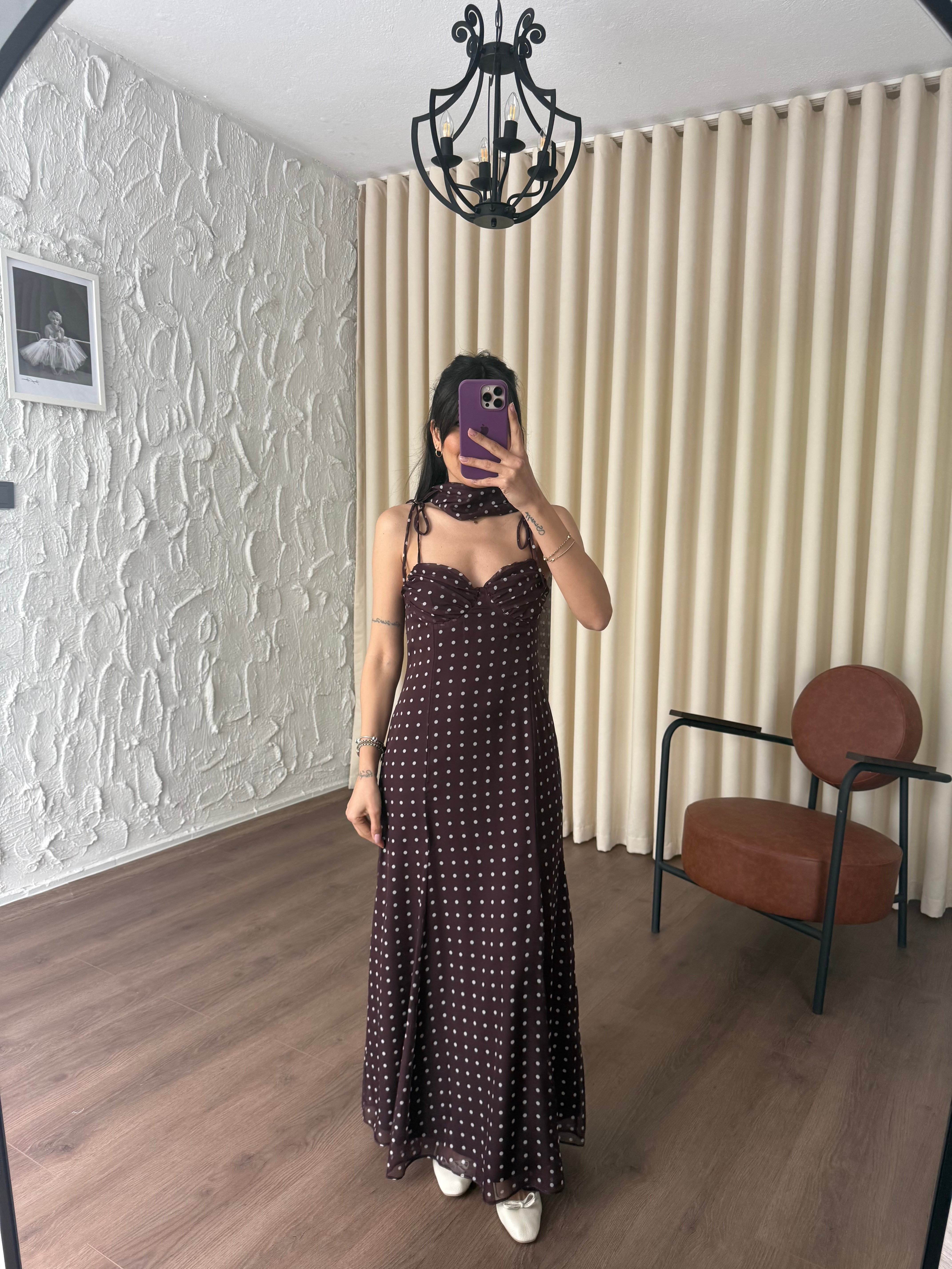 Şal Detaylı Puantiyeli Şifon Elbise