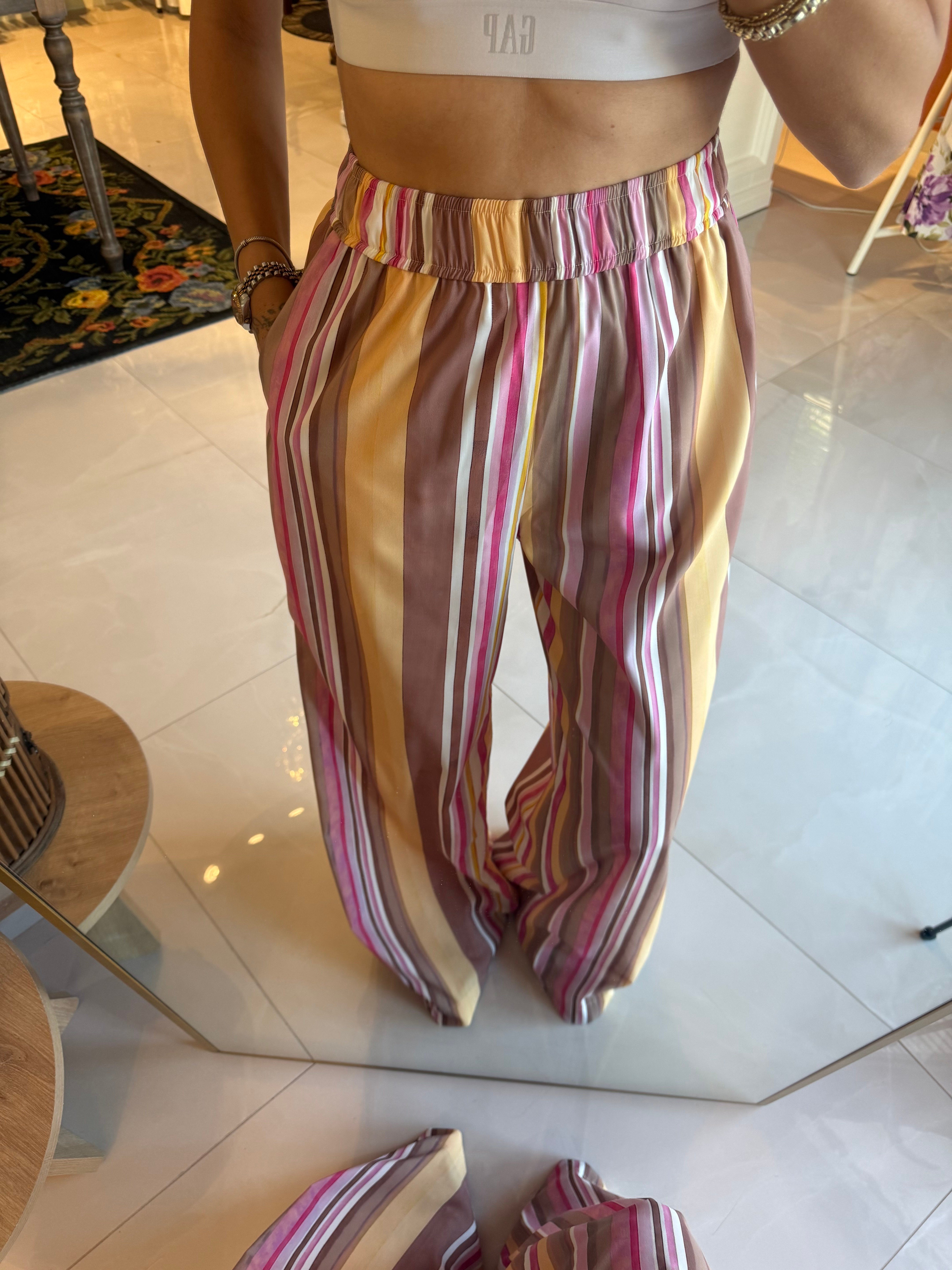 Sarı Beli Lastikli Çizgili Pantolon