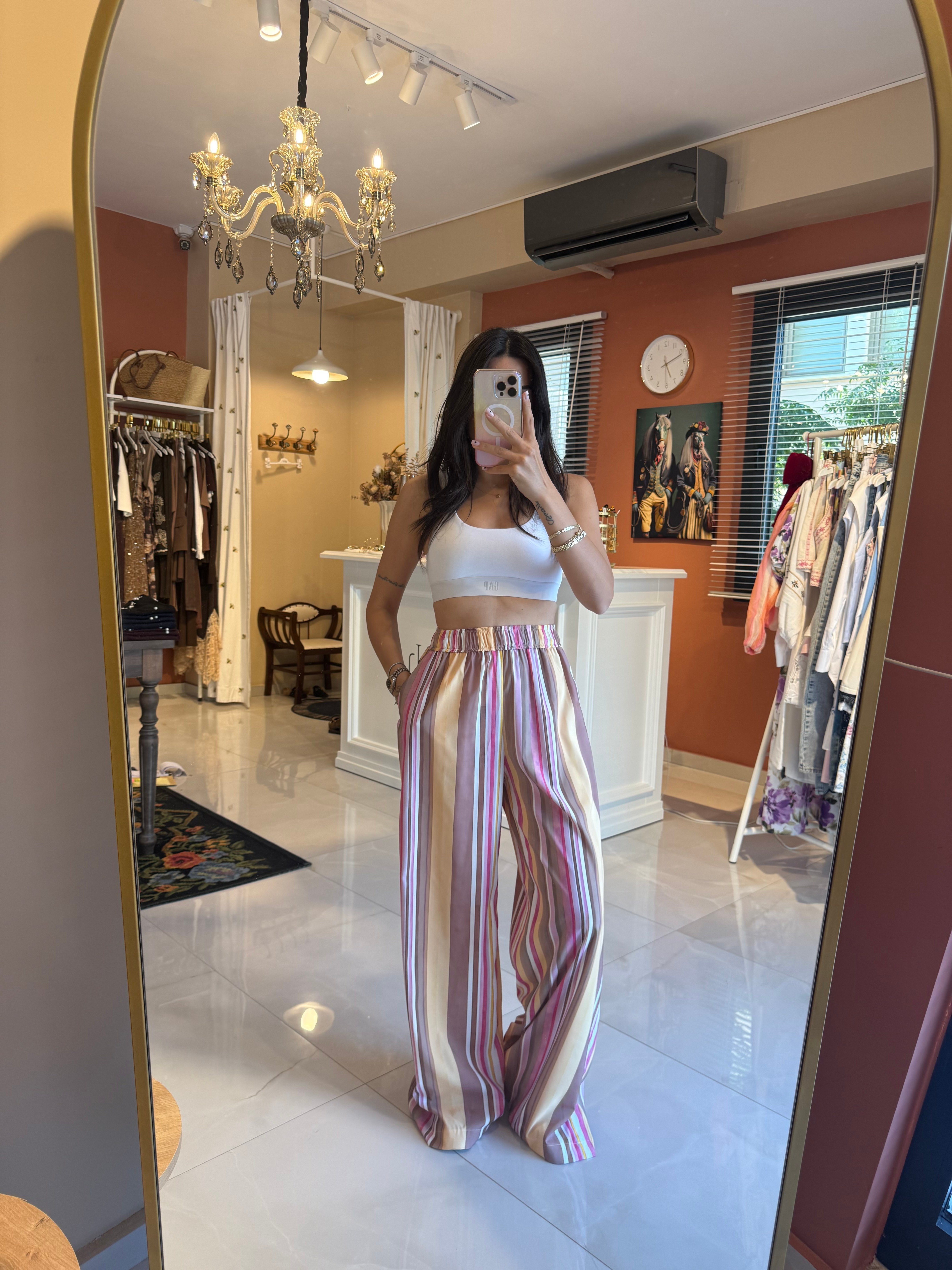 Sarı Beli Lastikli Çizgili Pantolon