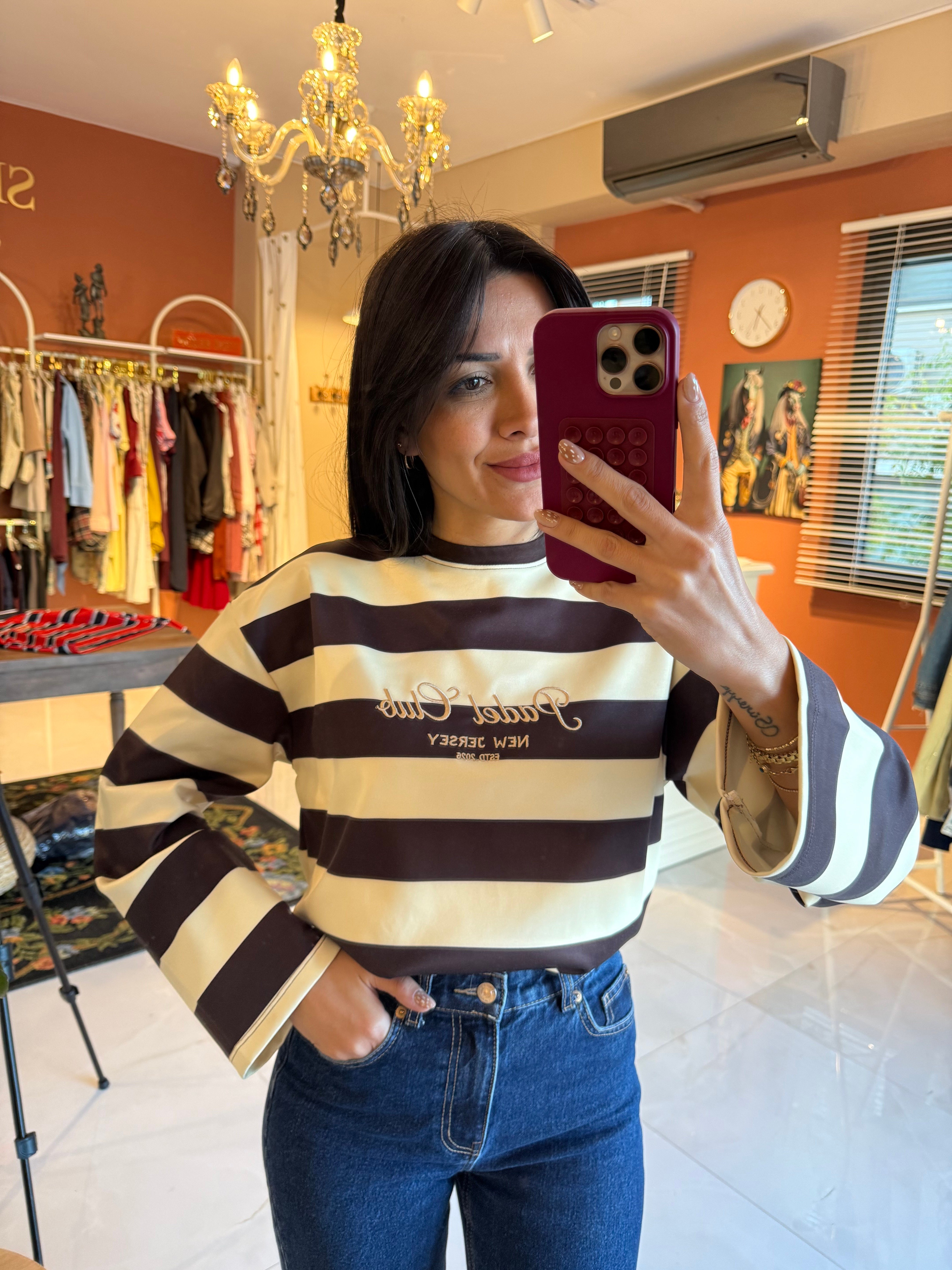 Sarı Kahve Çizgili Nakış İşlemeli Sweat