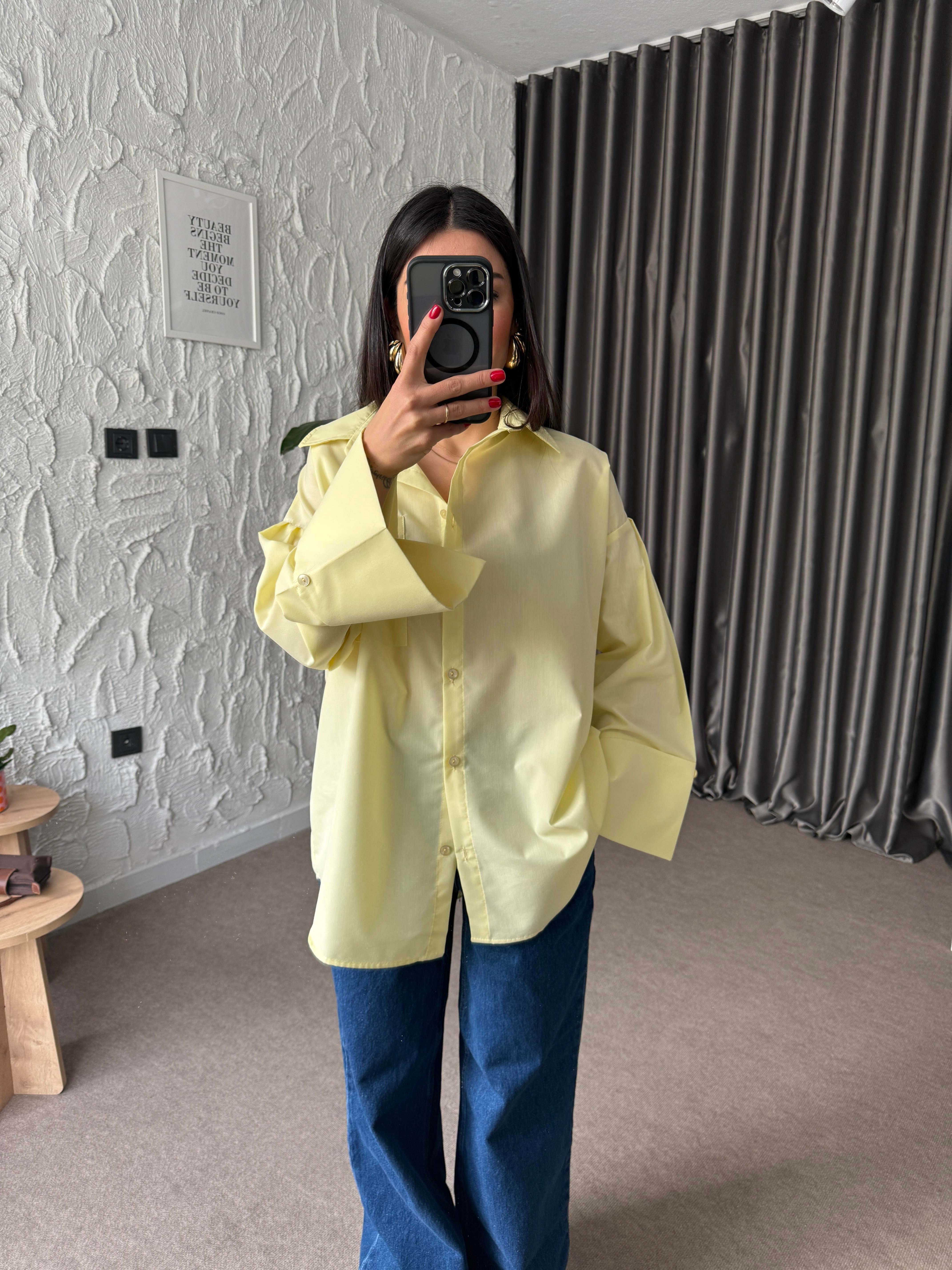 Sarı Kalın Kol Manşetli Poplin Oversize Gömlek