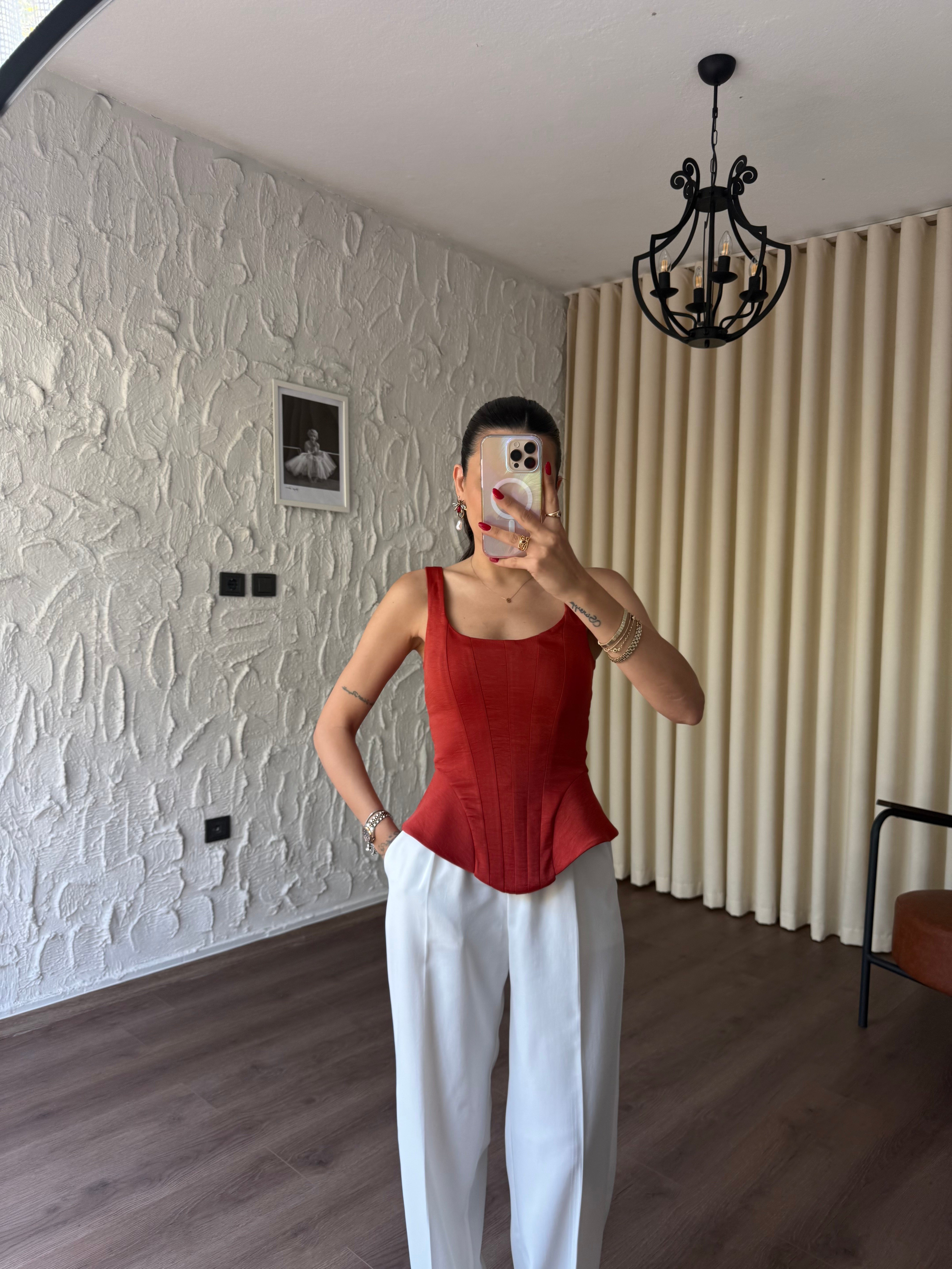 Saten Parçalı Kiremit Büstiyer