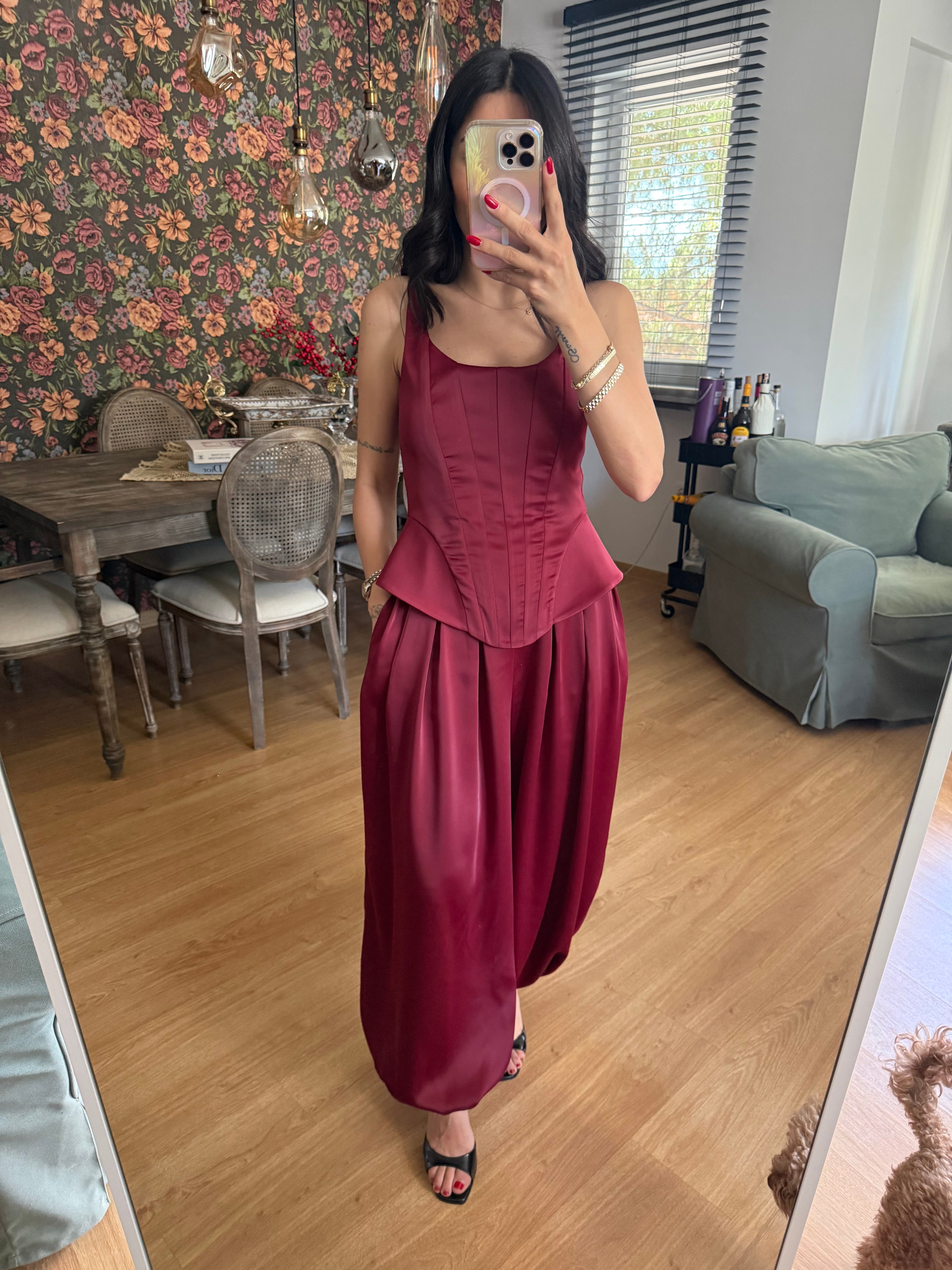 Saten Şalvar Model Bordo Pantolon