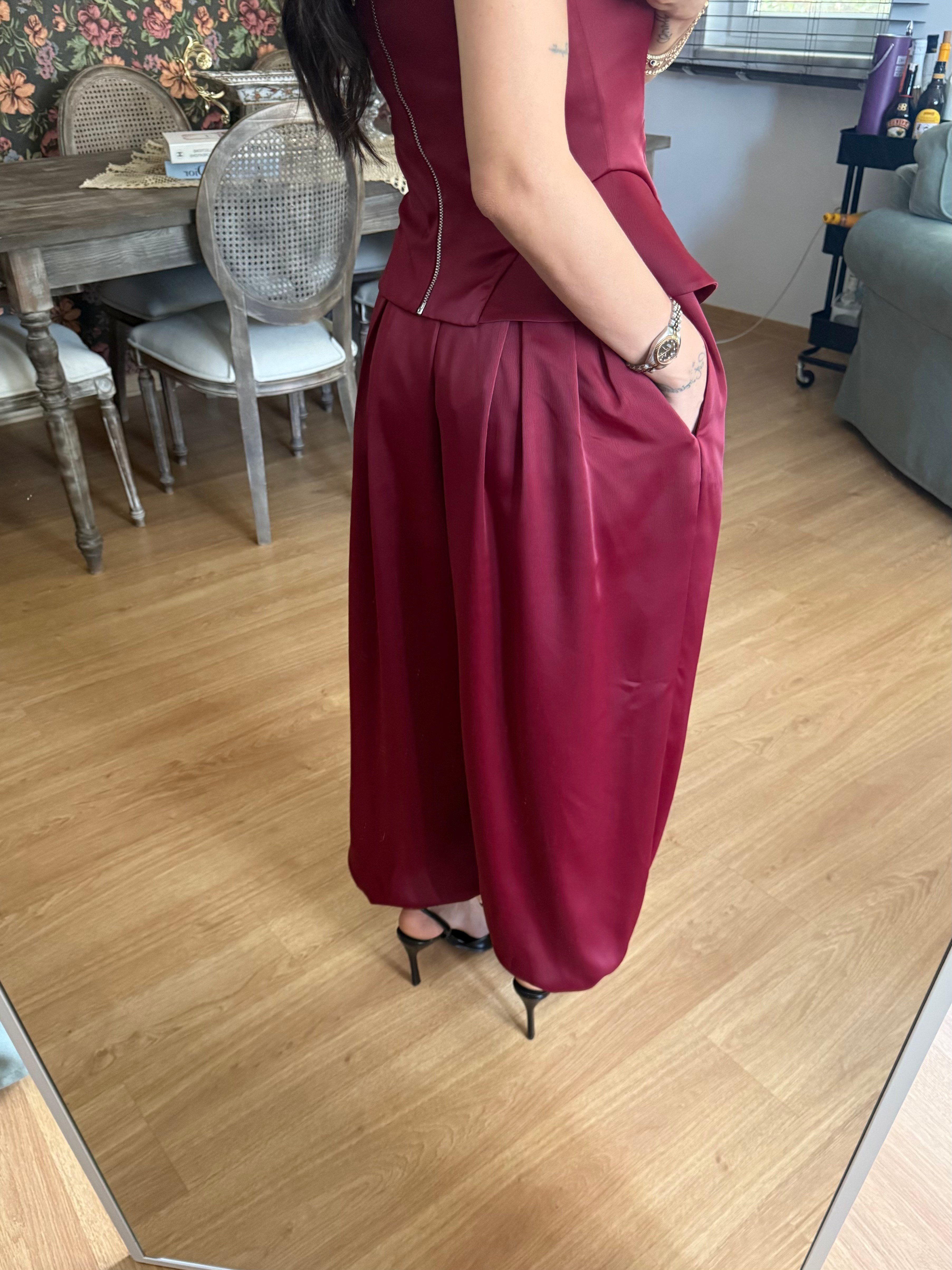 Saten Şalvar Model Bordo Pantolon