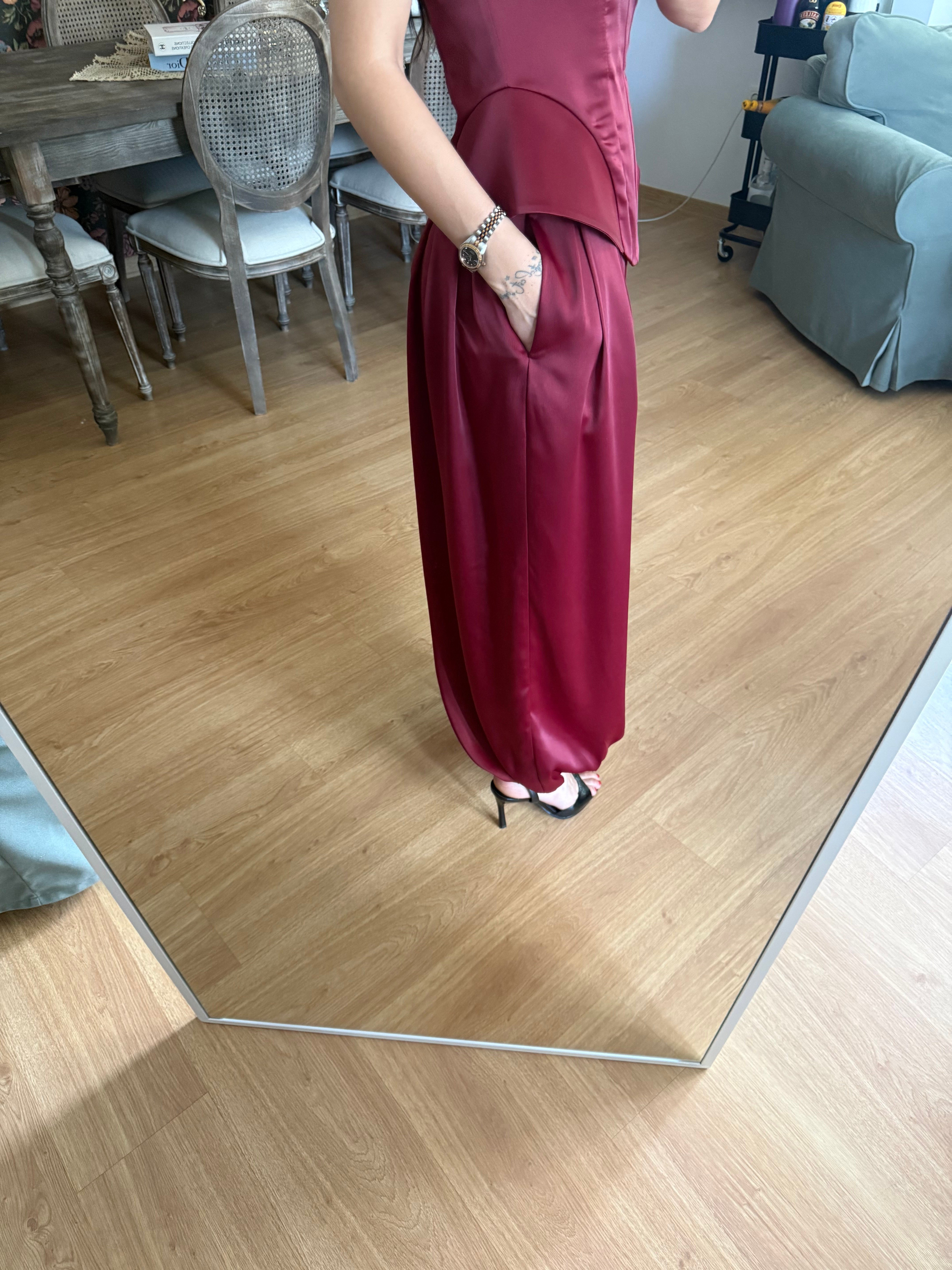 Saten Şalvar Model Bordo Pantolon