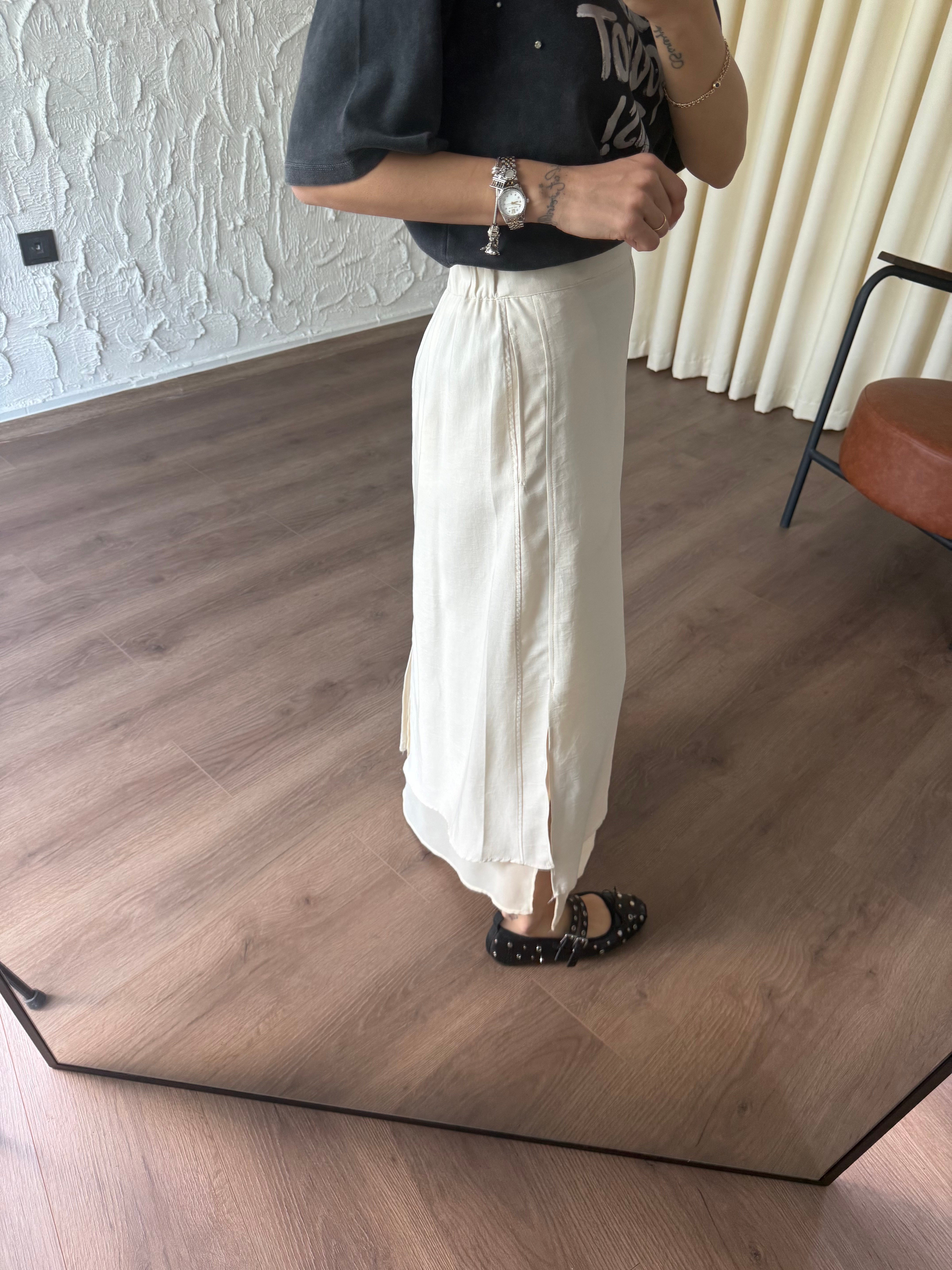 Şifon Garnili Çift Kat Ekru Etek