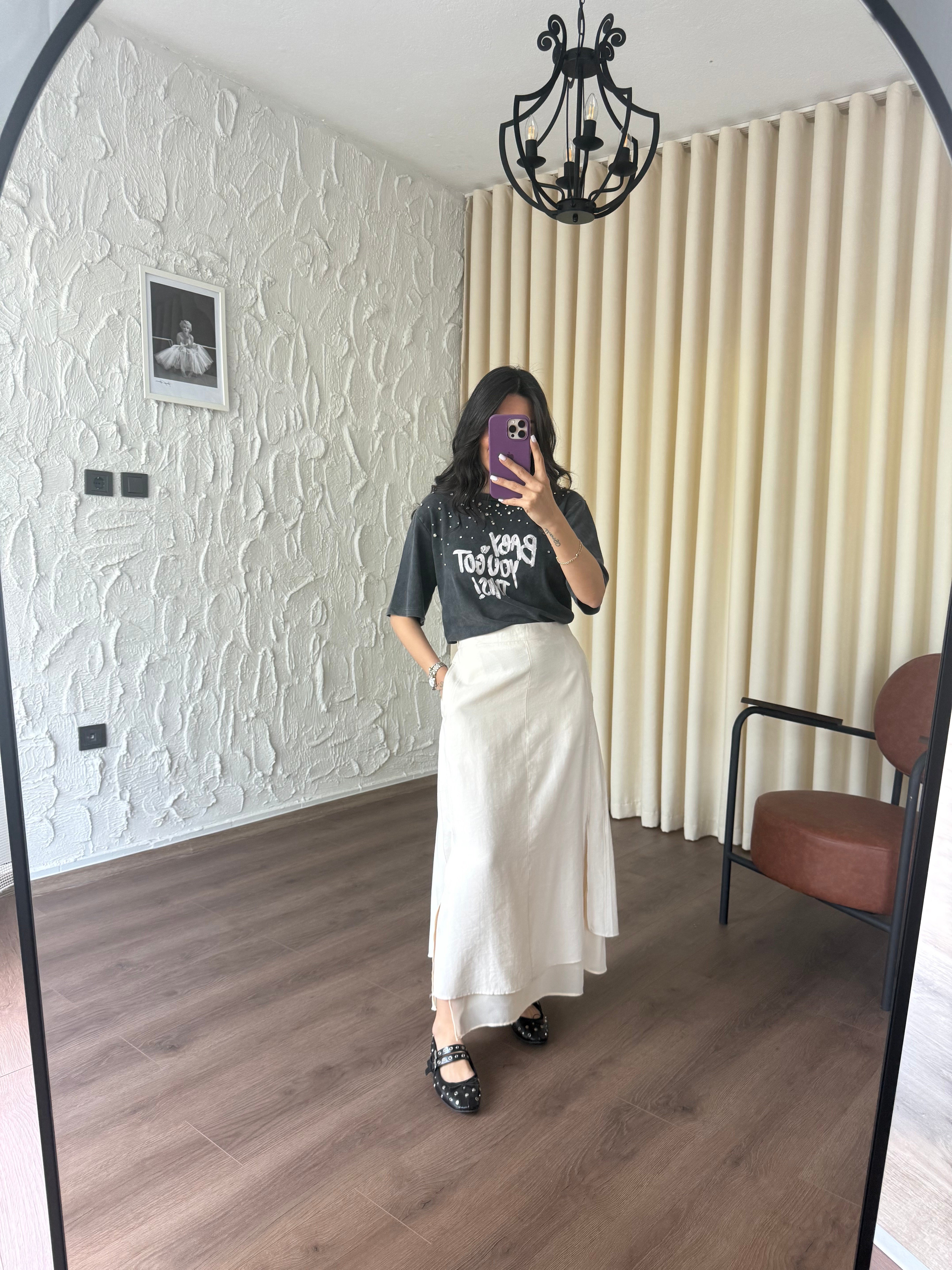 Şifon Garnili Çift Kat Ekru Etek