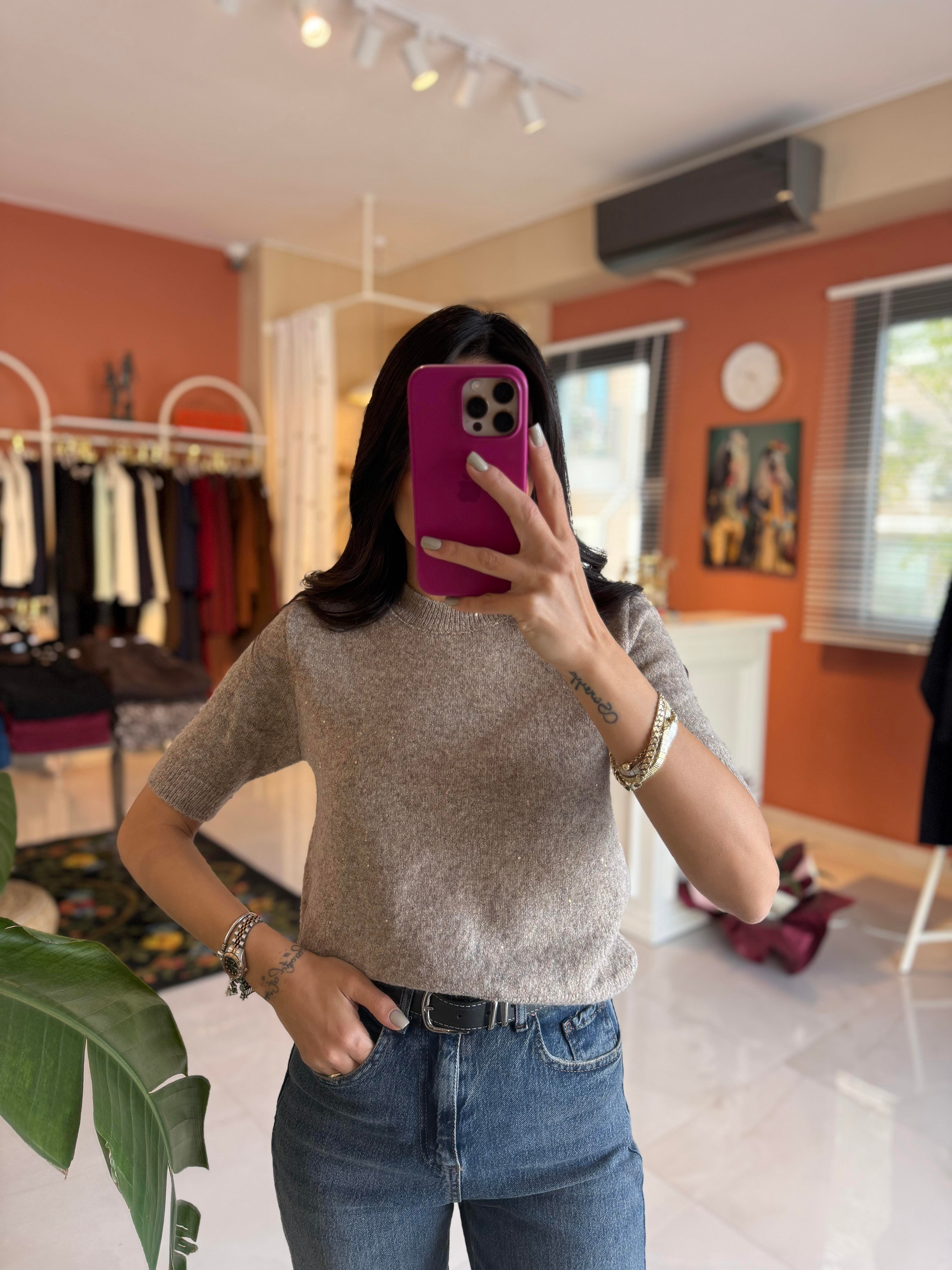 Simli ve Pullu Kısa Kol Vizon Kazak