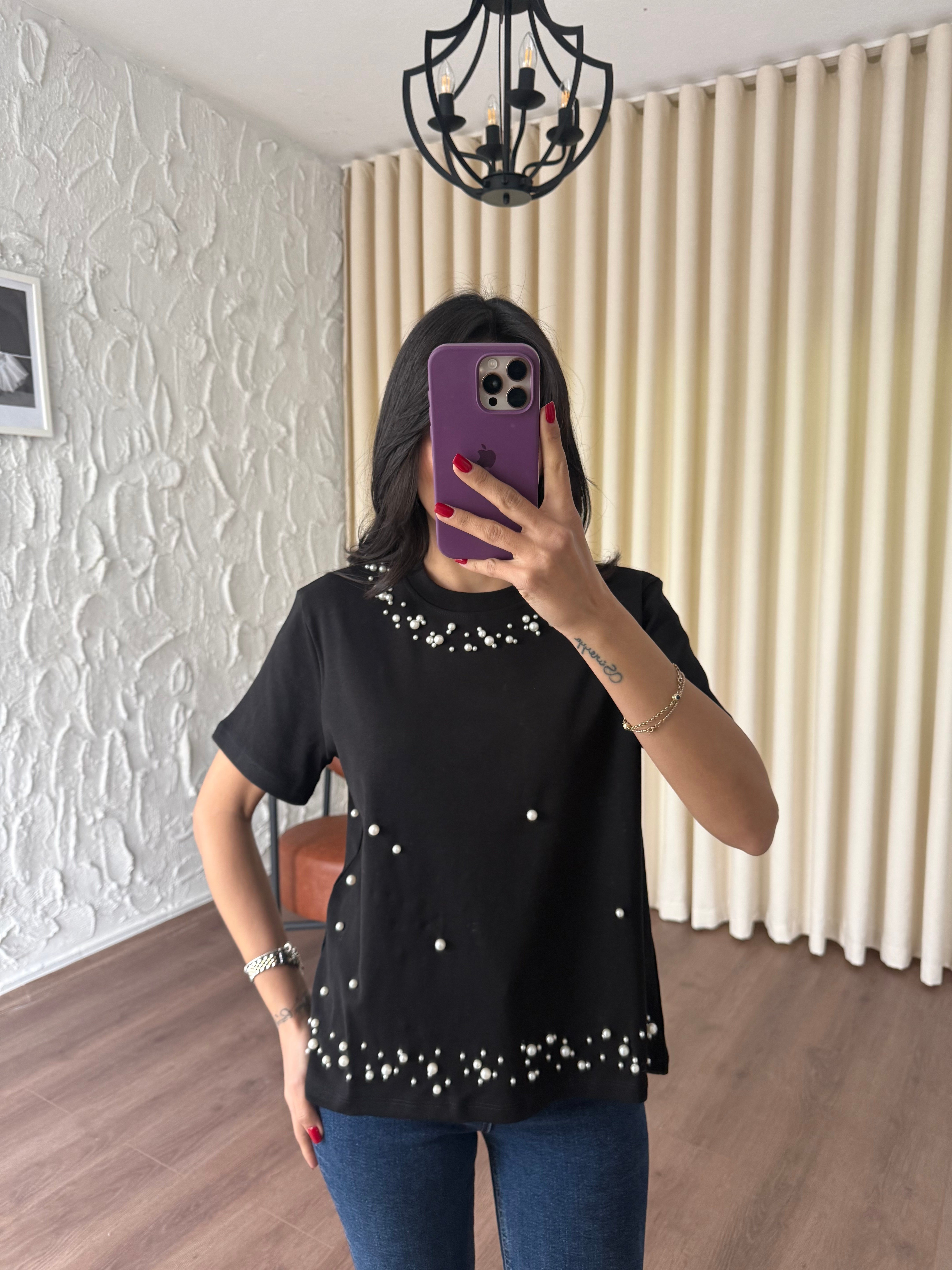 Siyah İncili Tshirt