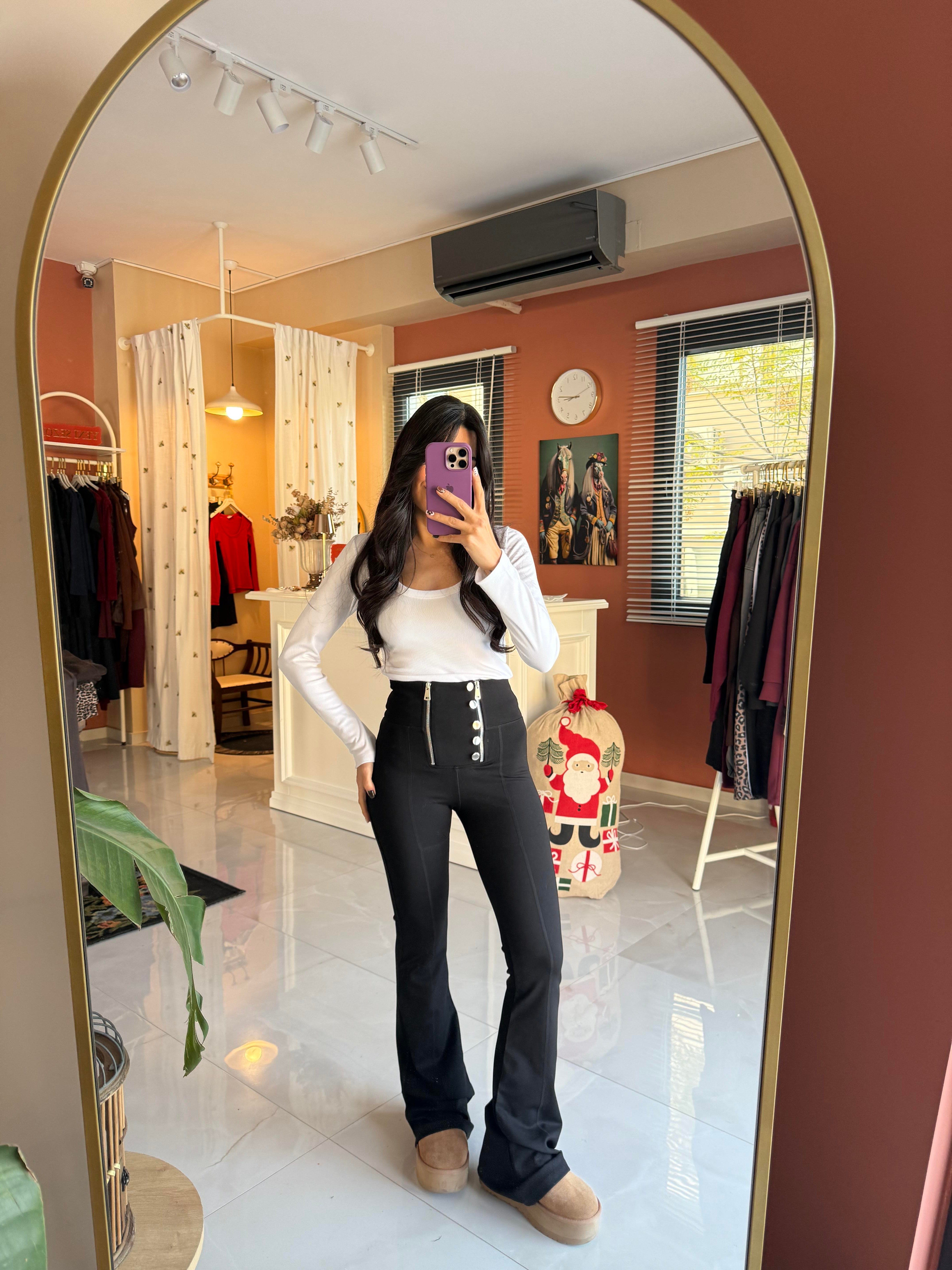 Siyah İspanyol Paça Çift Fermuarlı Düğmeli Tayt