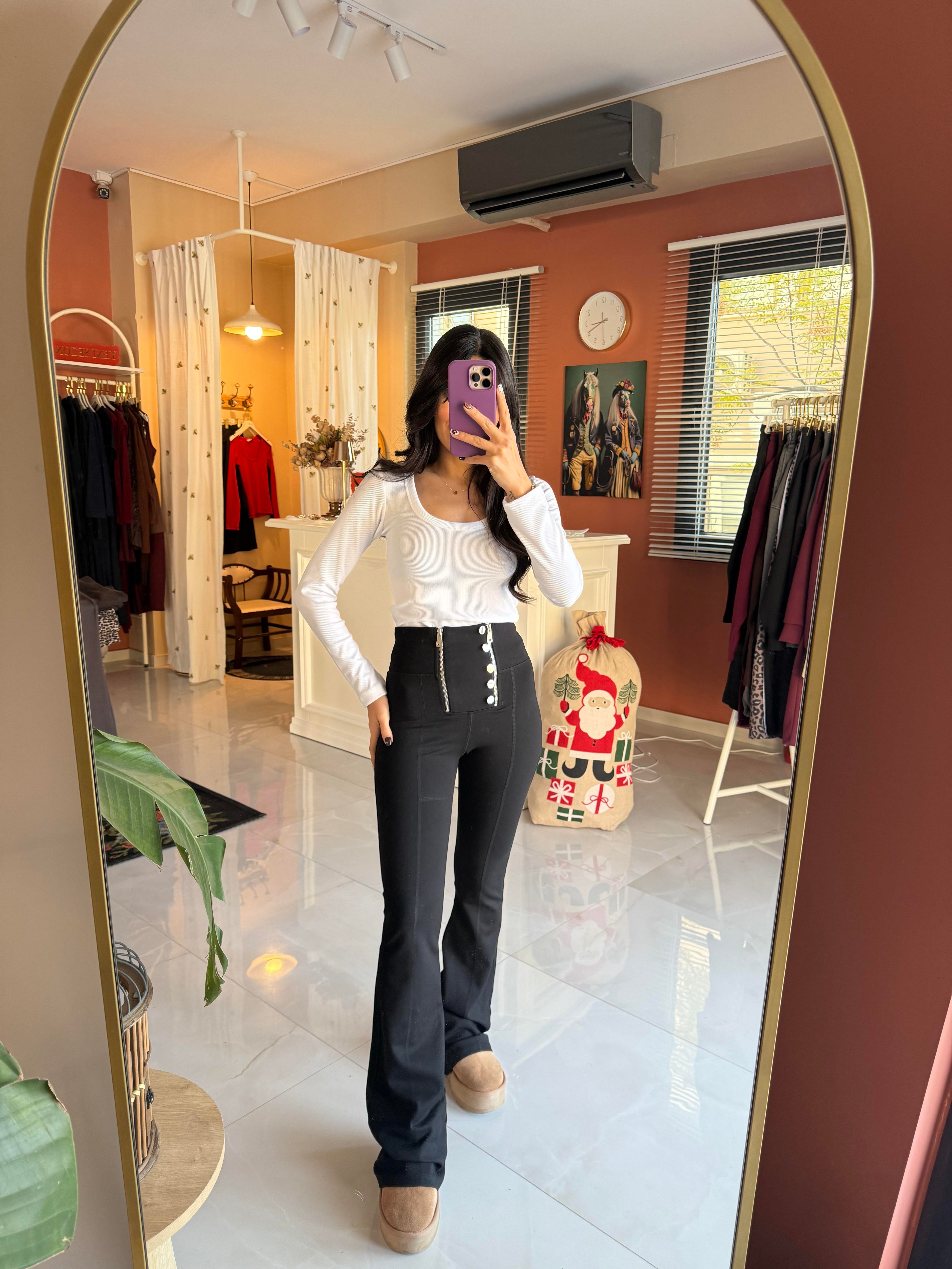 Siyah İspanyol Paça Çift Fermuarlı Düğmeli Tayt