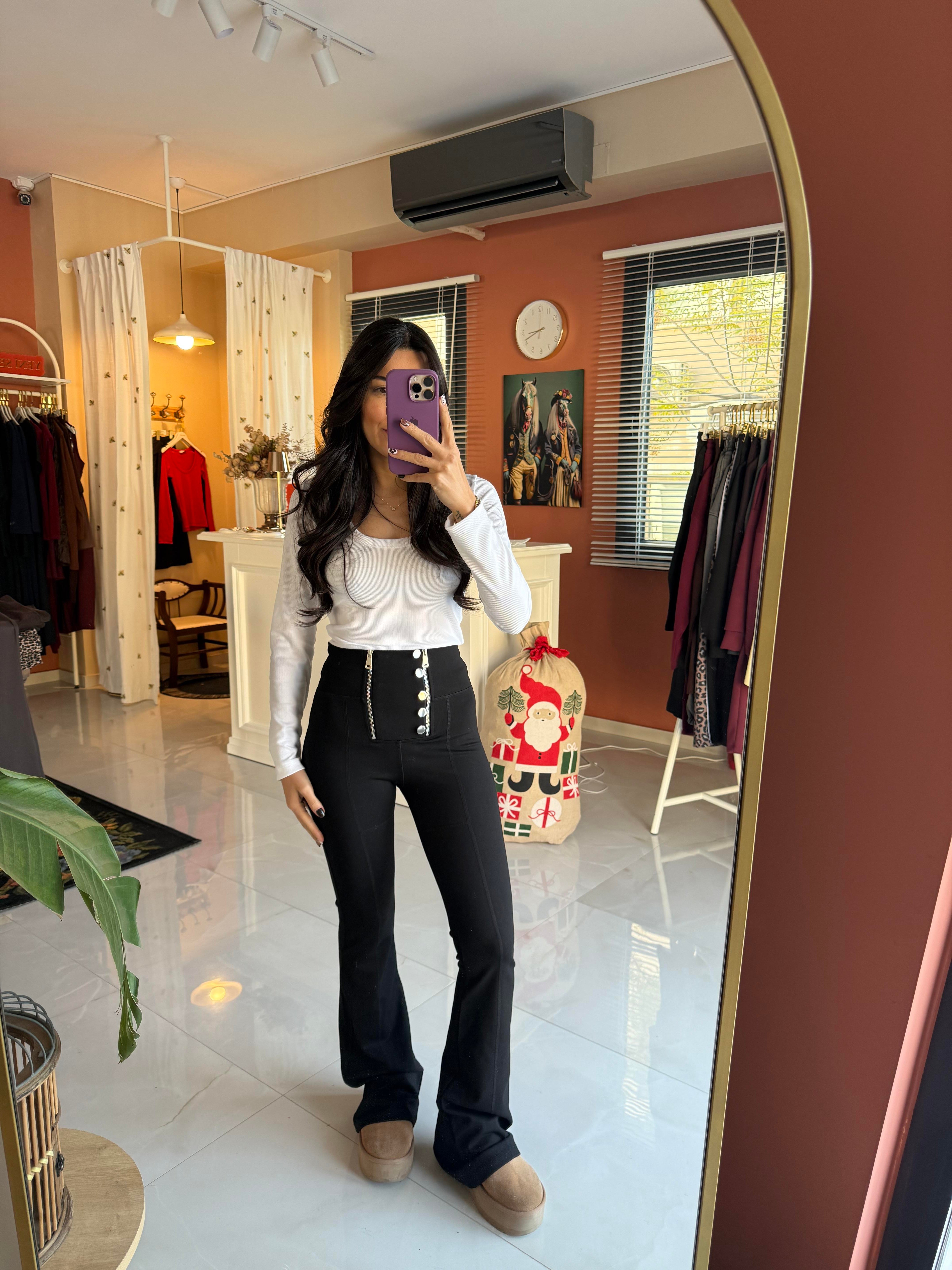 Siyah İspanyol Paça Çift Fermuarlı Düğmeli Tayt