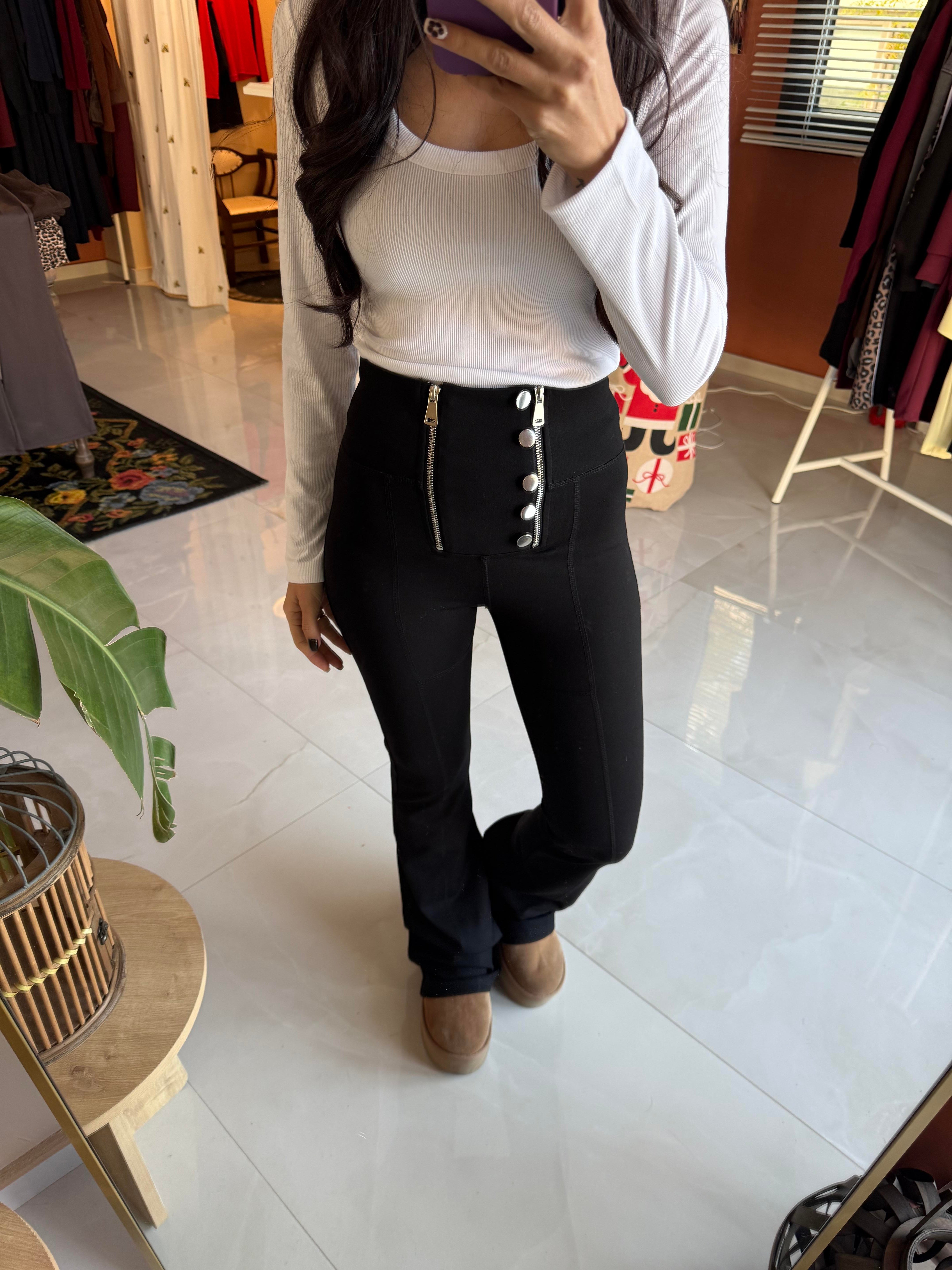 Siyah İspanyol Paça Çift Fermuarlı Düğmeli Tayt