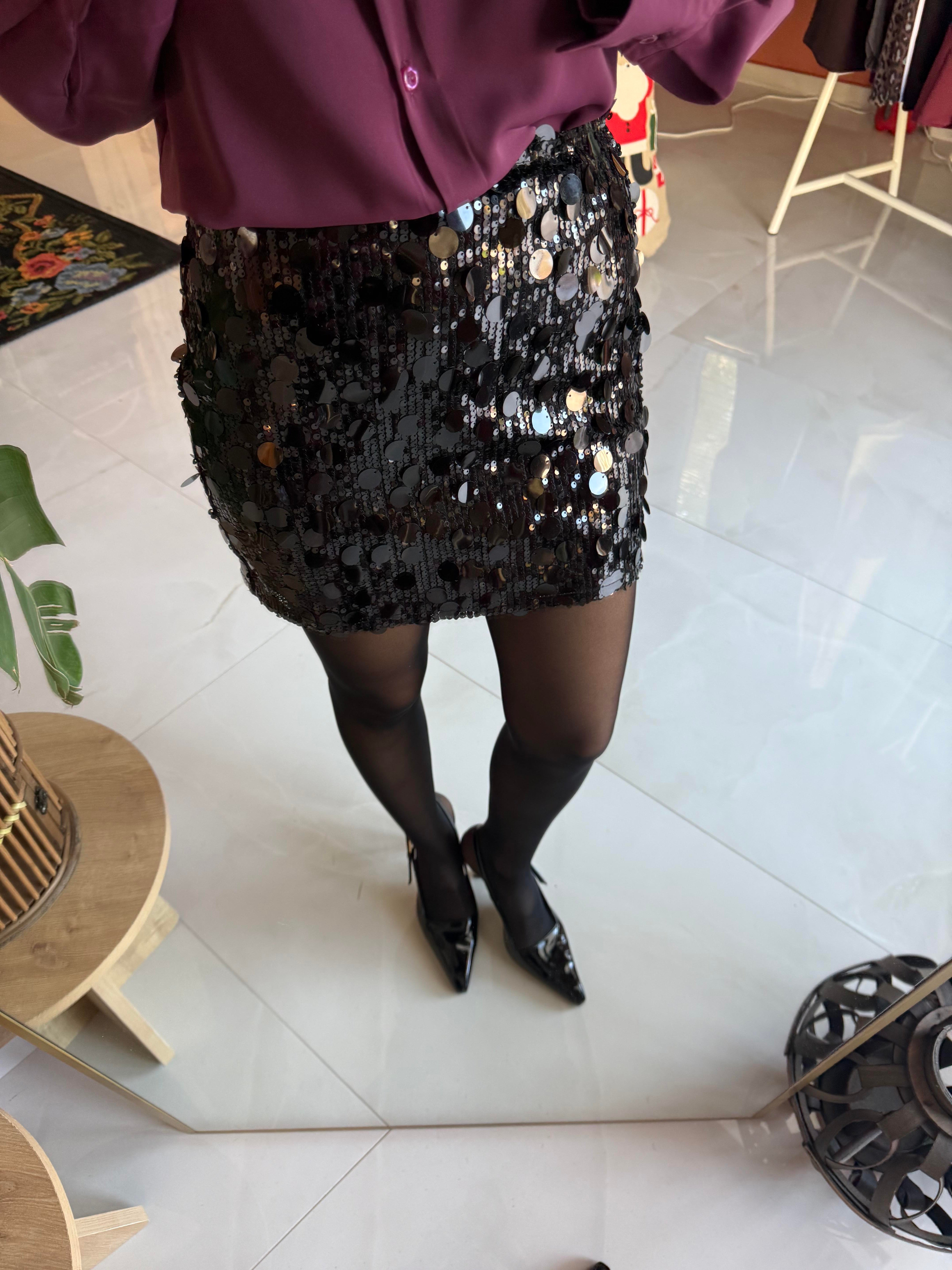 Siyah Pul Payetli Mini Etek