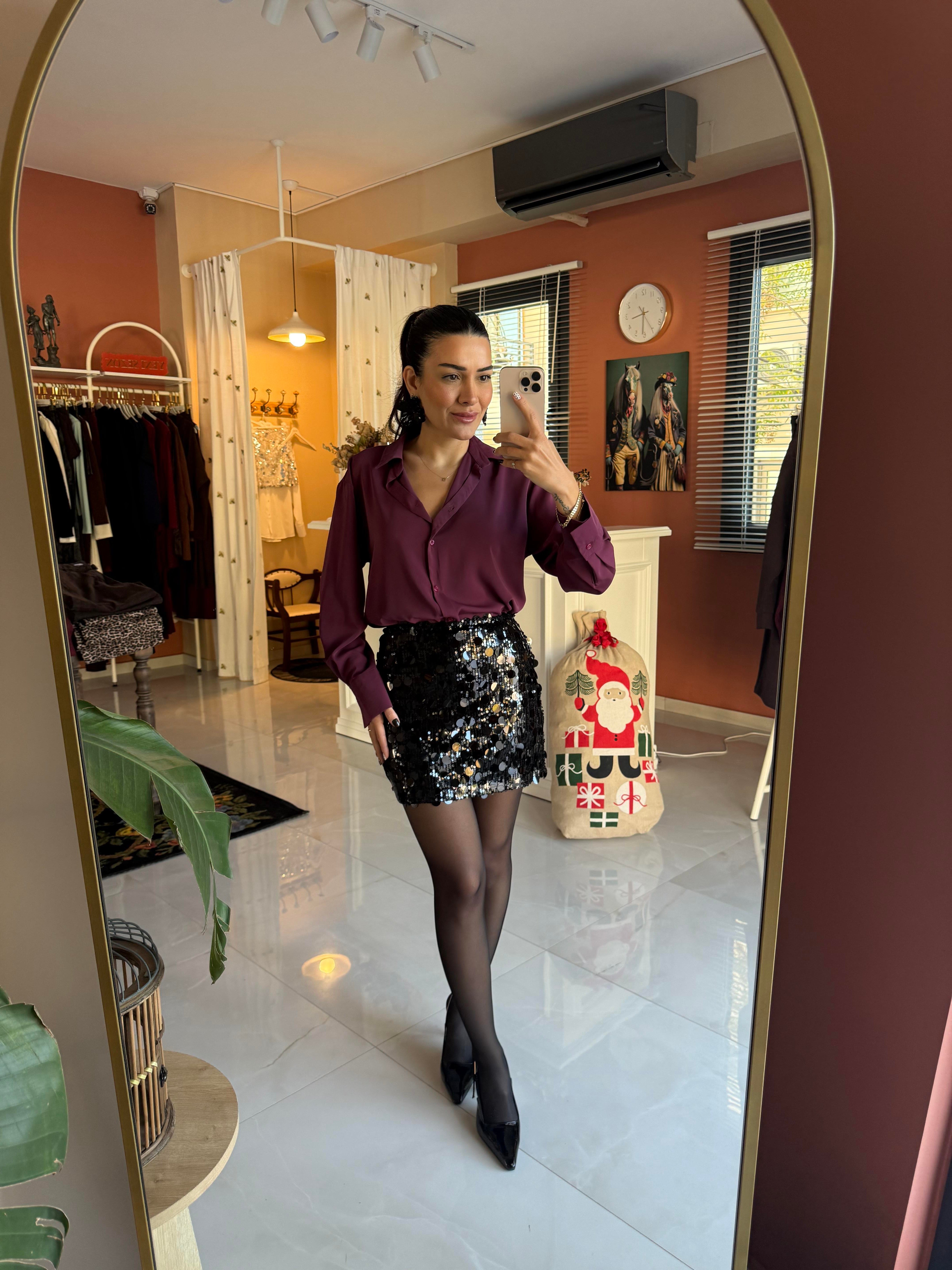 Siyah Pul Payetli Mini Etek