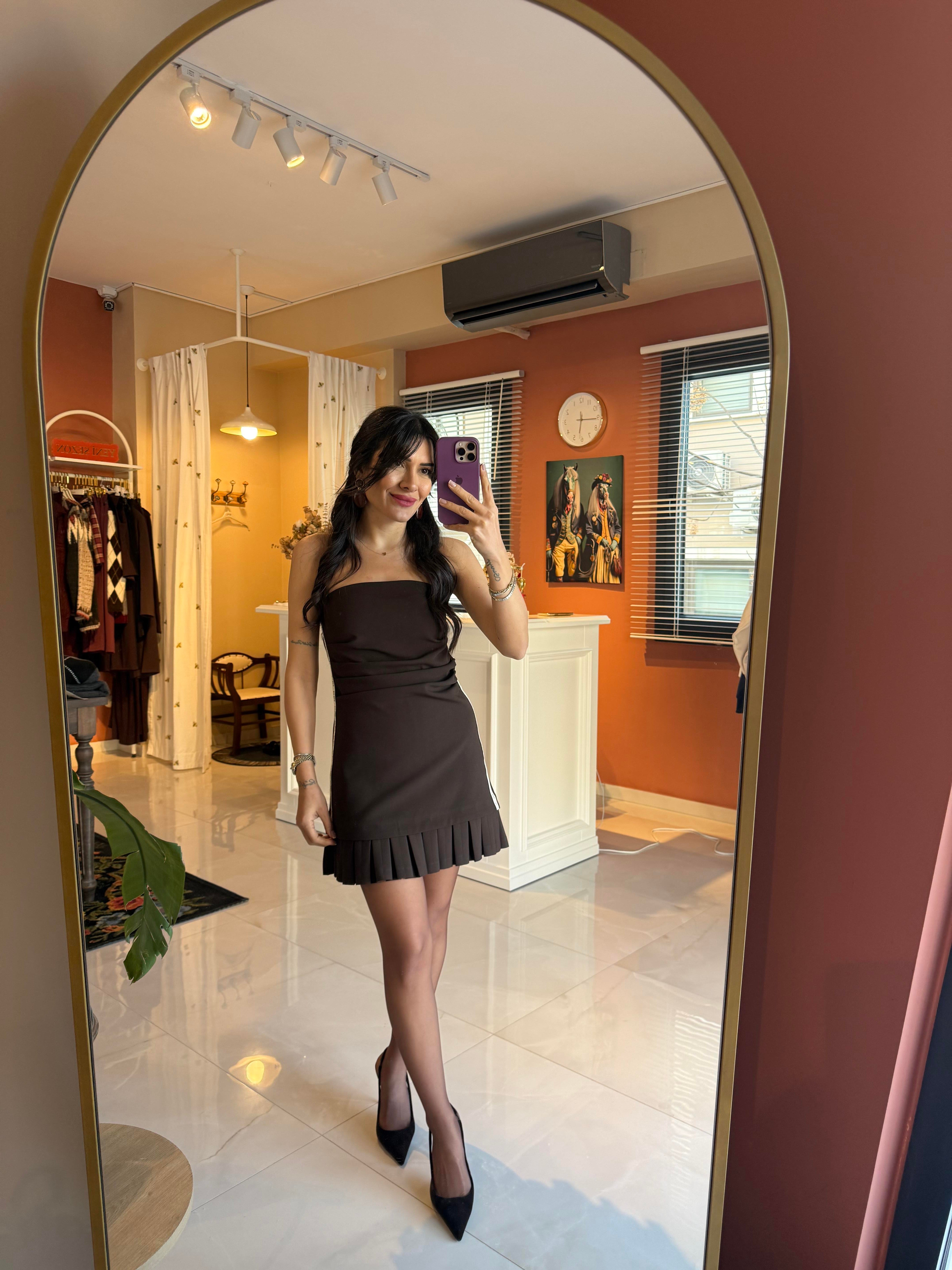 Straplez Drapeli Pileli Mini Elbise 