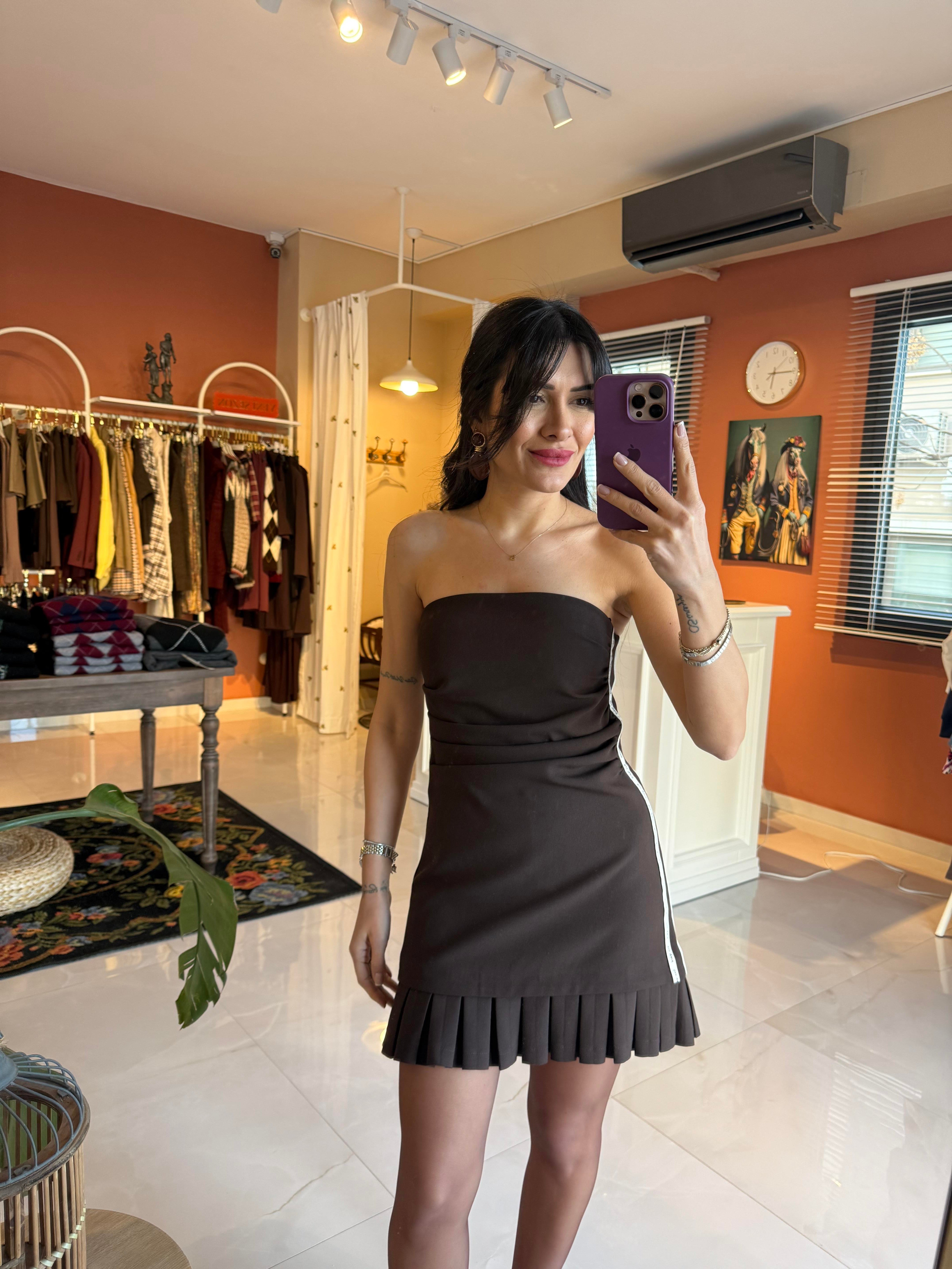 Straplez Drapeli Pileli Mini Elbise 