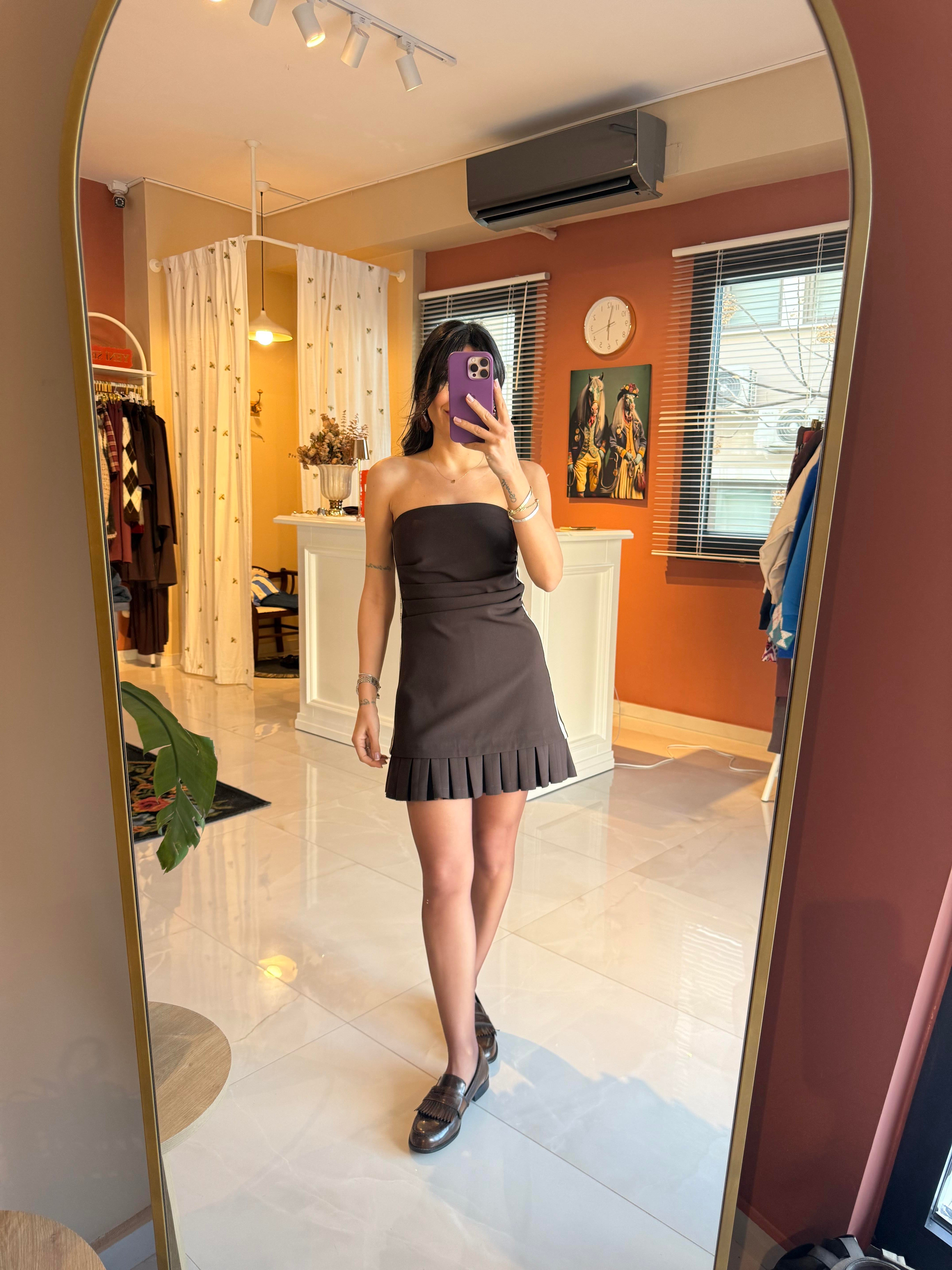 Straplez Drapeli Pileli Mini Elbise 