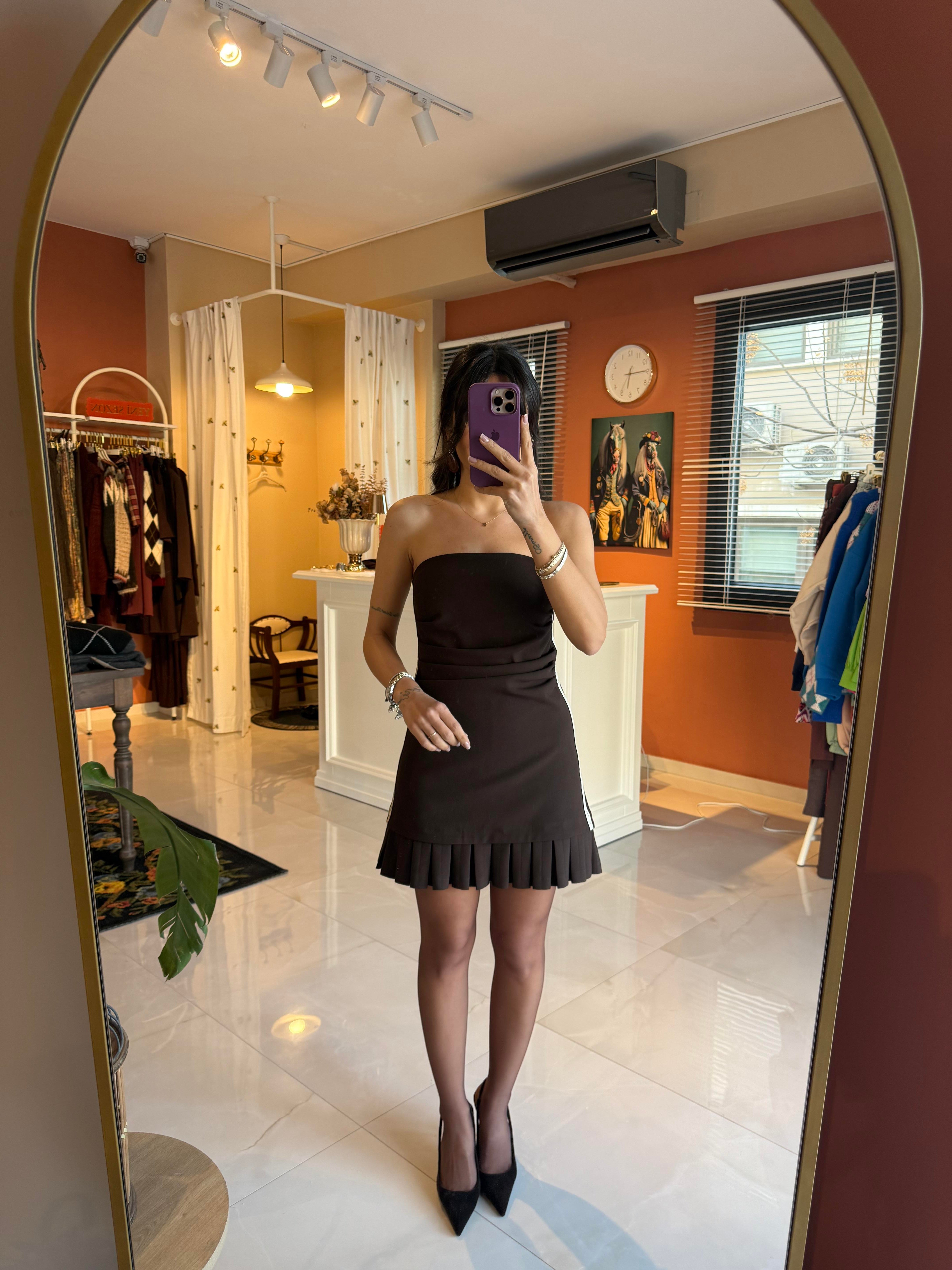 Straplez Drapeli Pileli Mini Elbise 