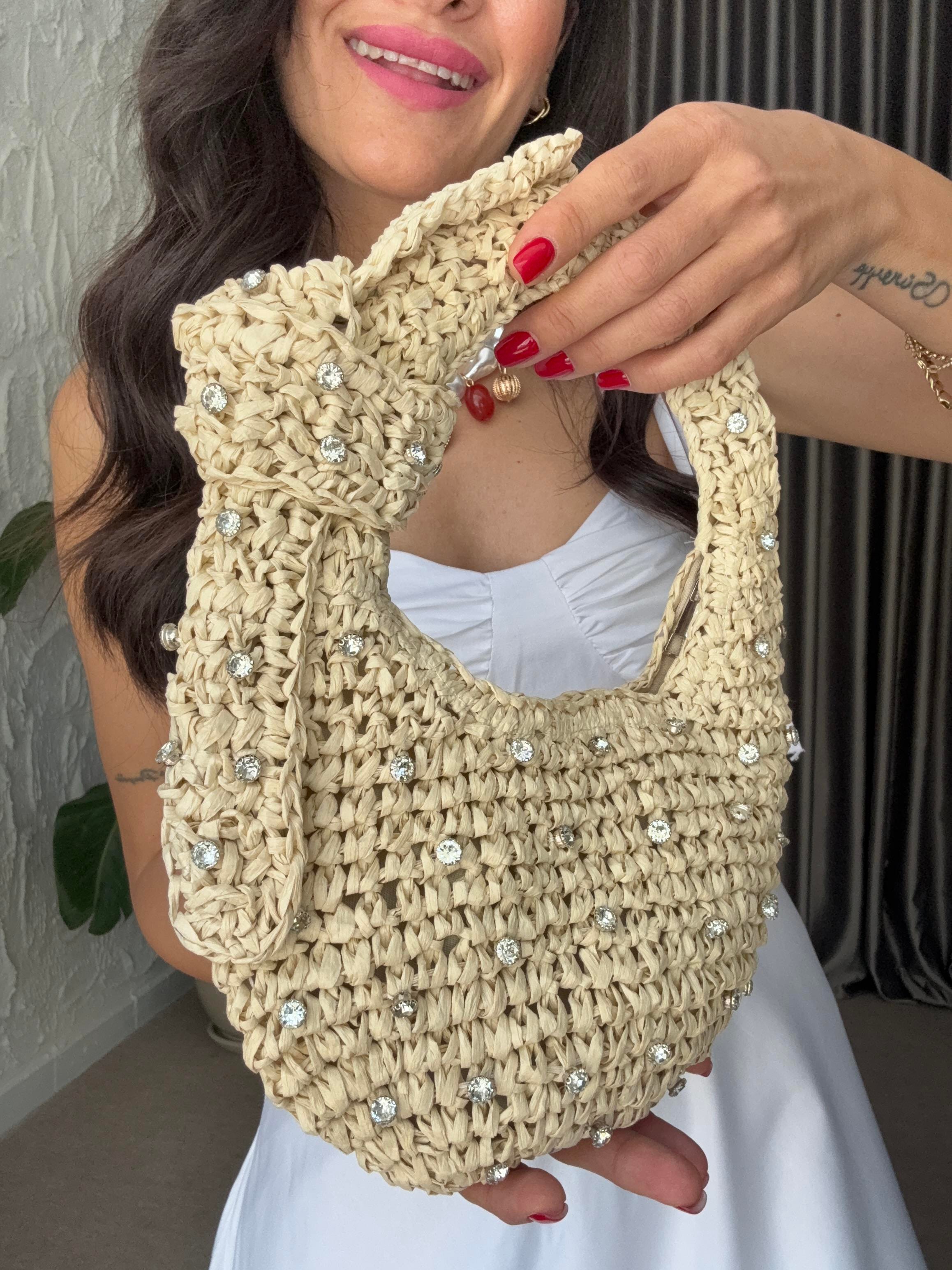 Taşlı Mini Hasır Çanta - Bej
