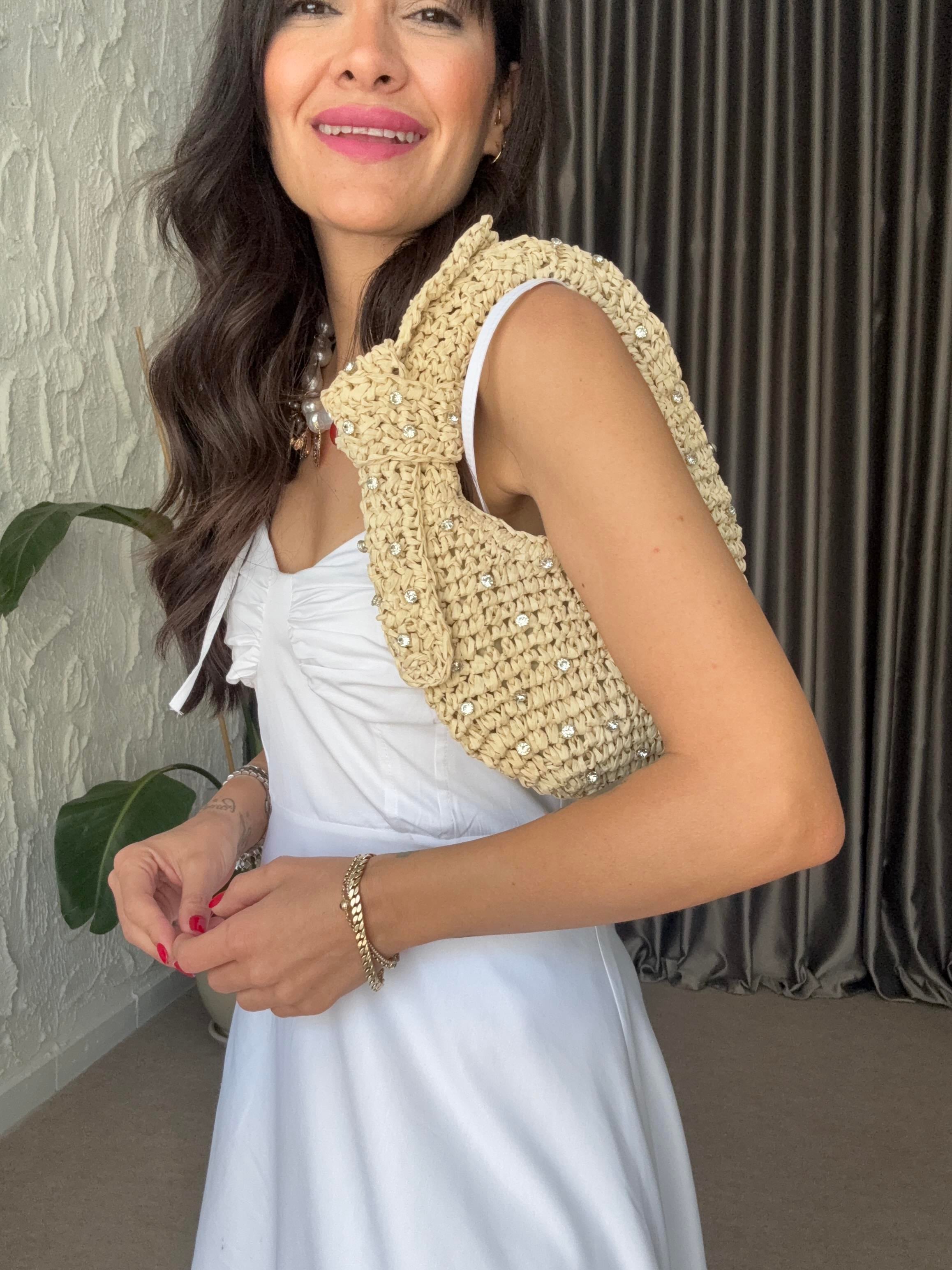 Taşlı Mini Hasır Çanta - Bej