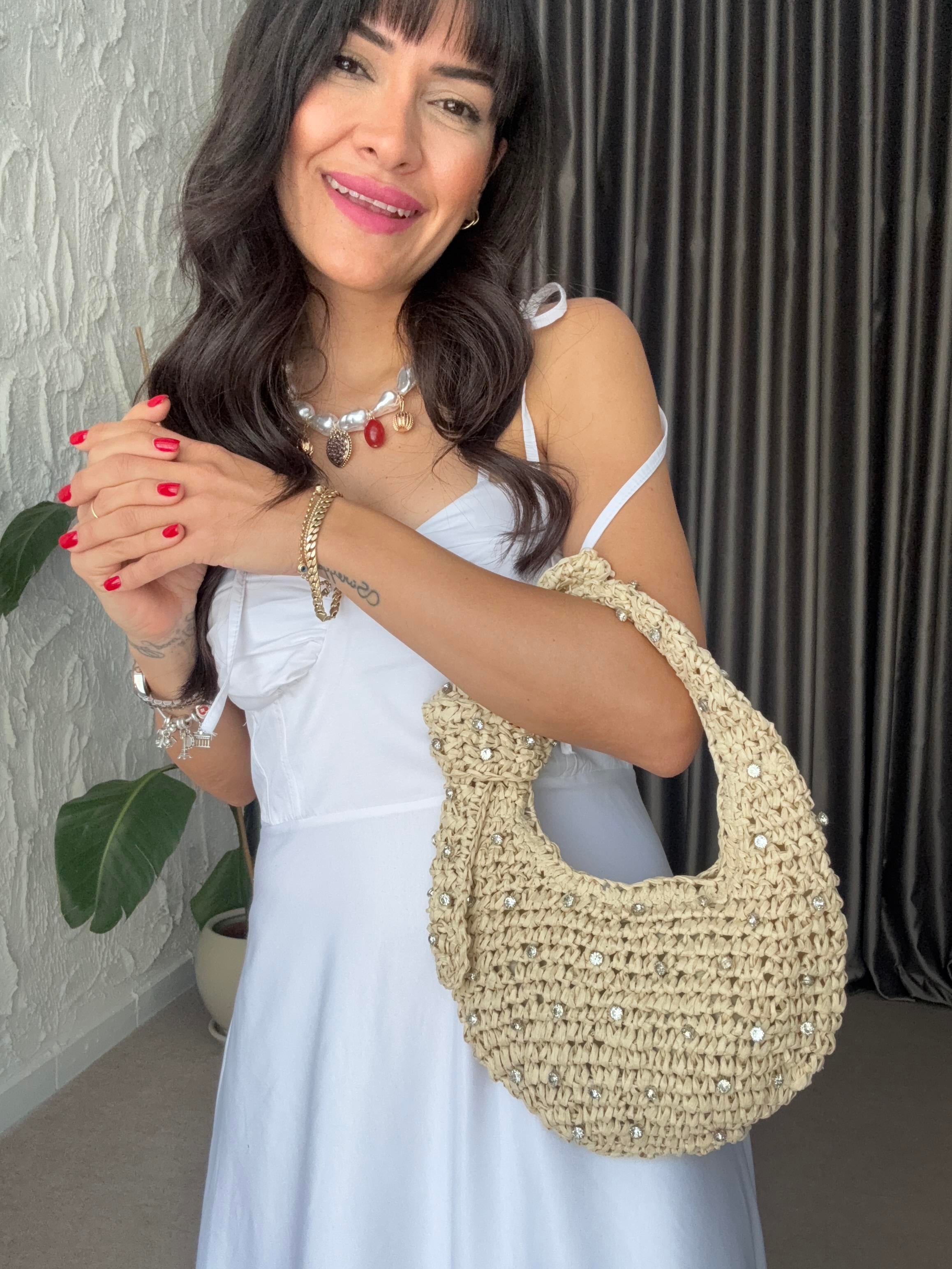 Taşlı Mini Hasır Çanta - Bej