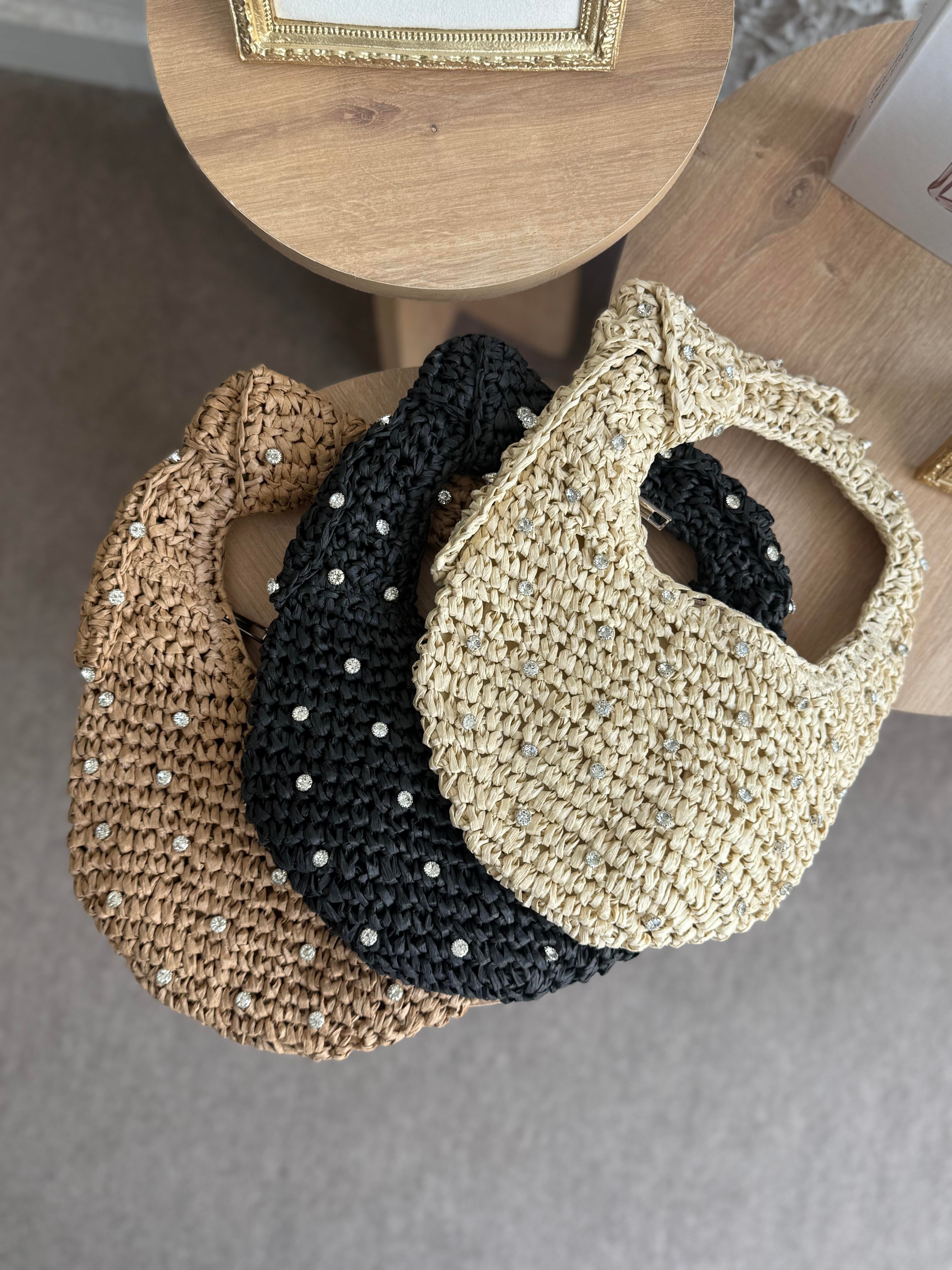 Taşlı Mini Hasır Çanta - Camel