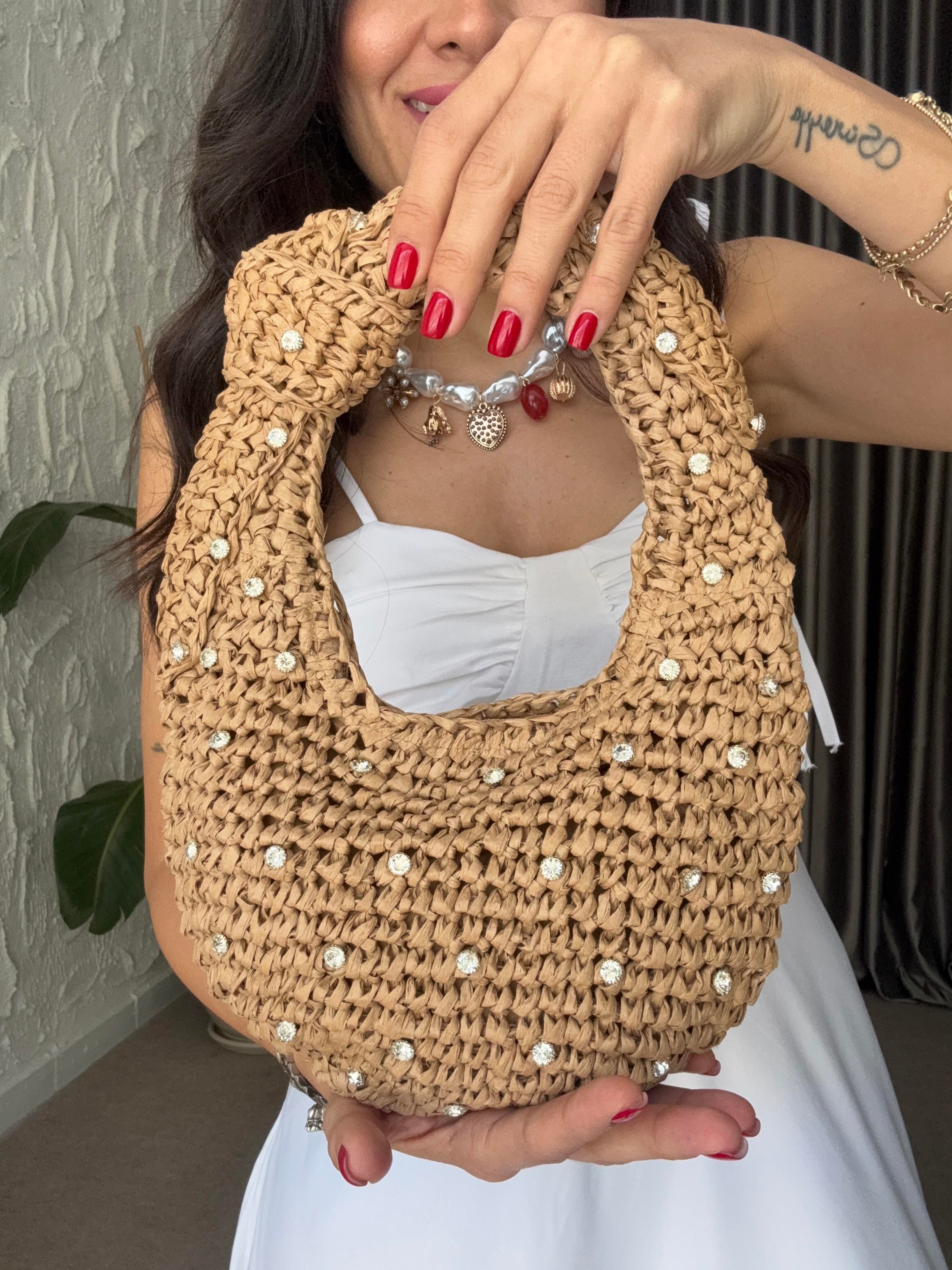 Taşlı Mini Hasır Çanta - Camel