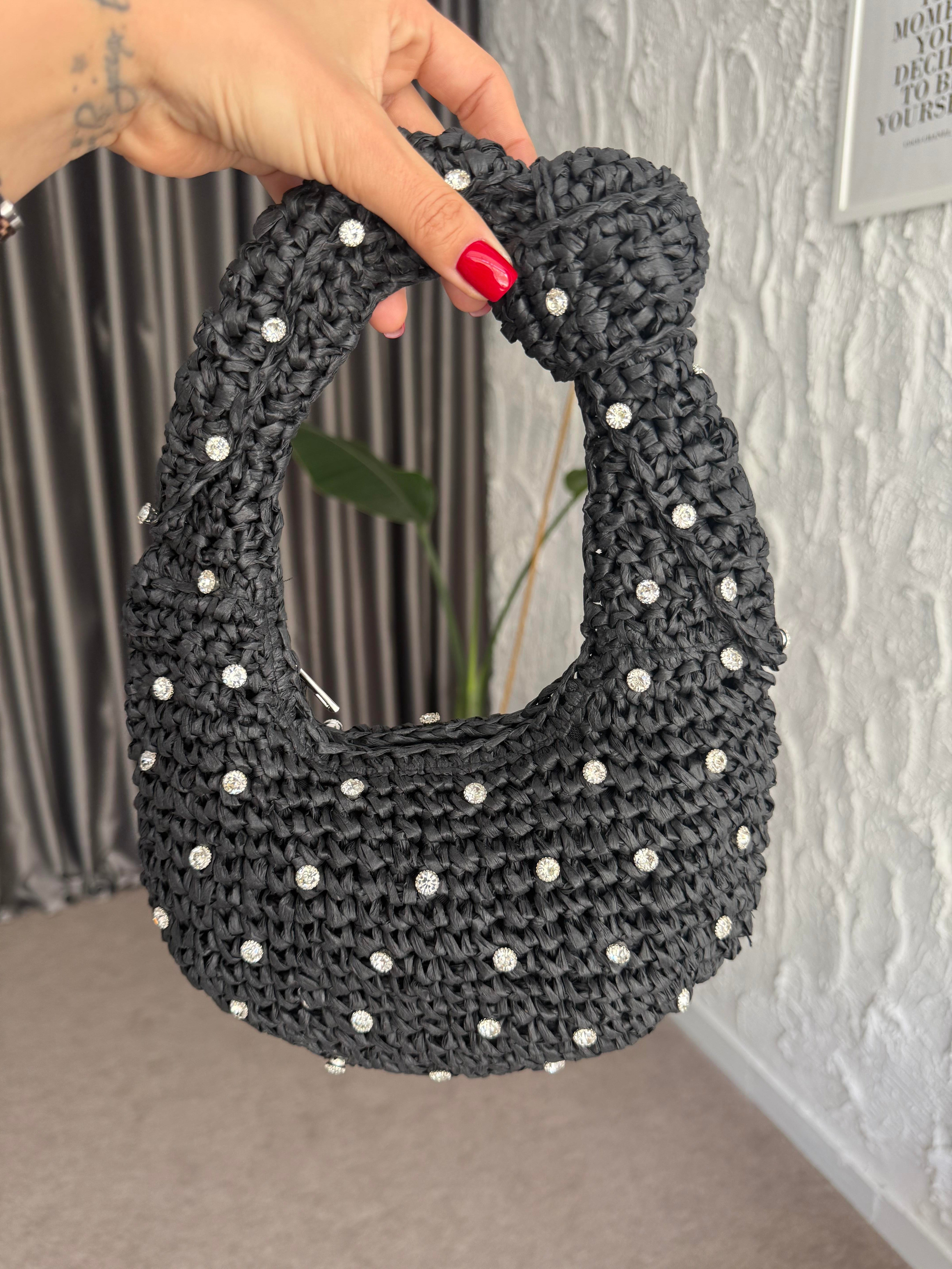 Taşlı Mini Hasır Çanta - Siyah
