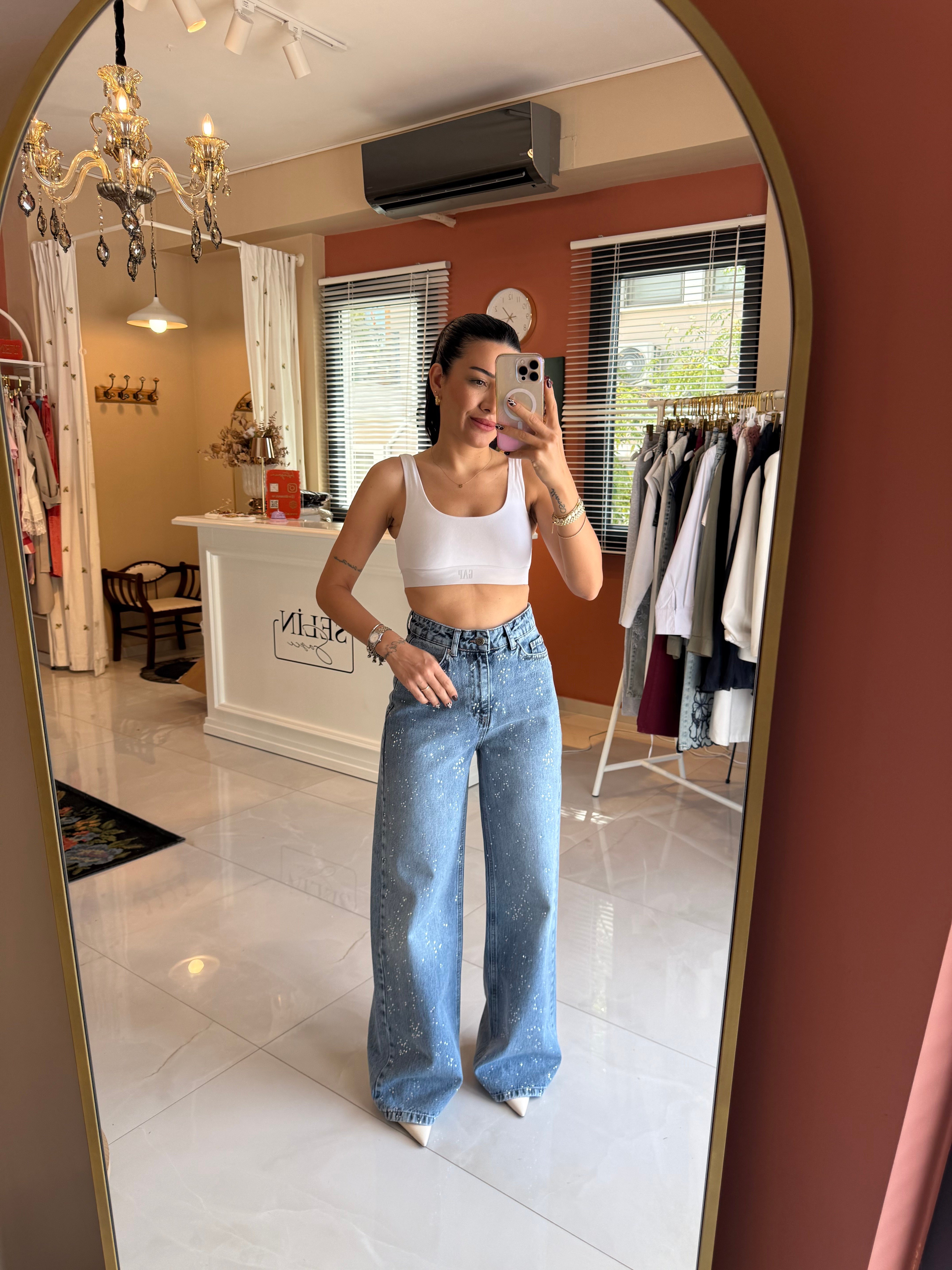 Taşlı Wide Leg Yüksek Bel Jean