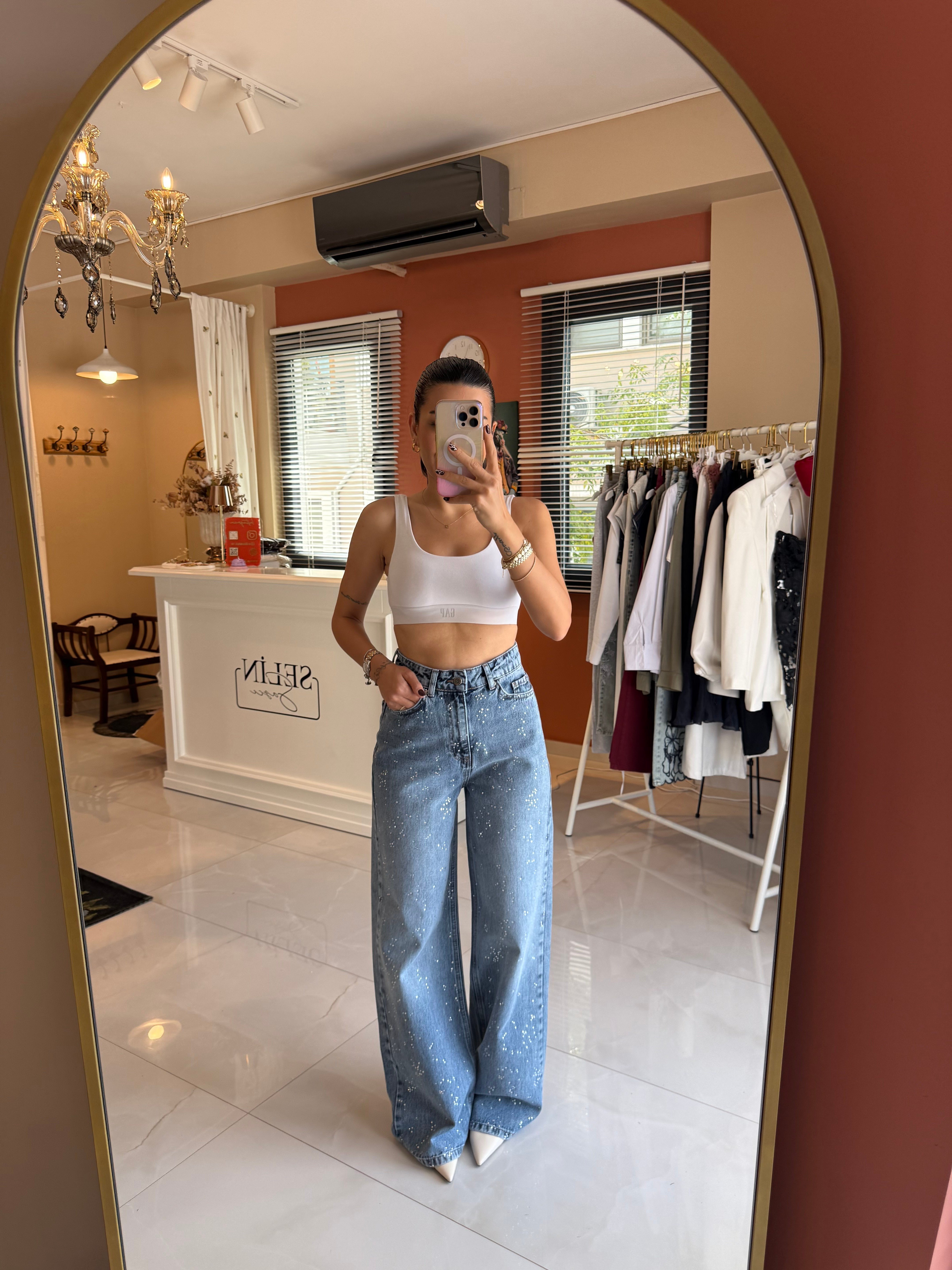 Taşlı Wide Leg Yüksek Bel Jean