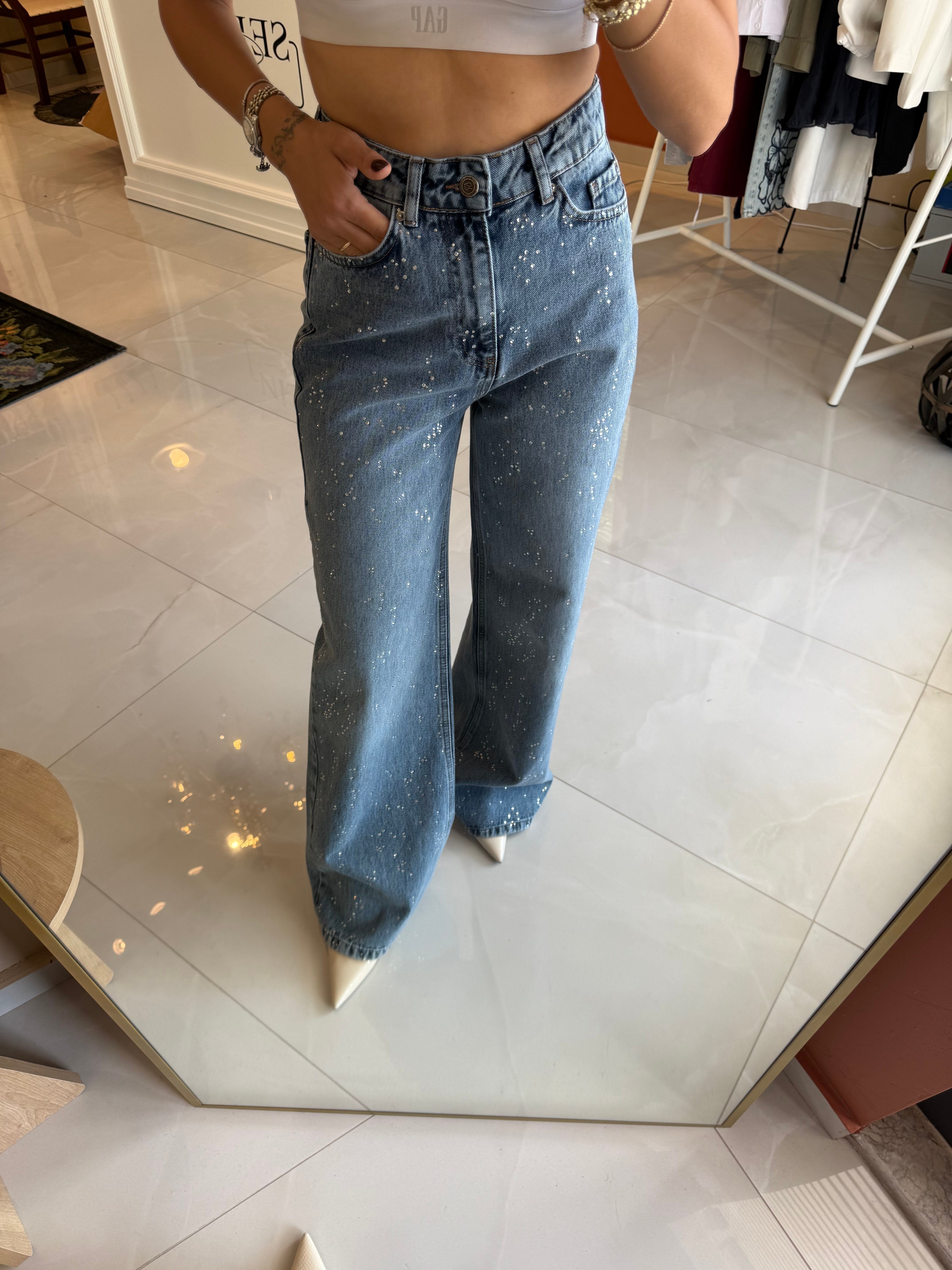 Taşlı Wide Leg Yüksek Bel Jean
