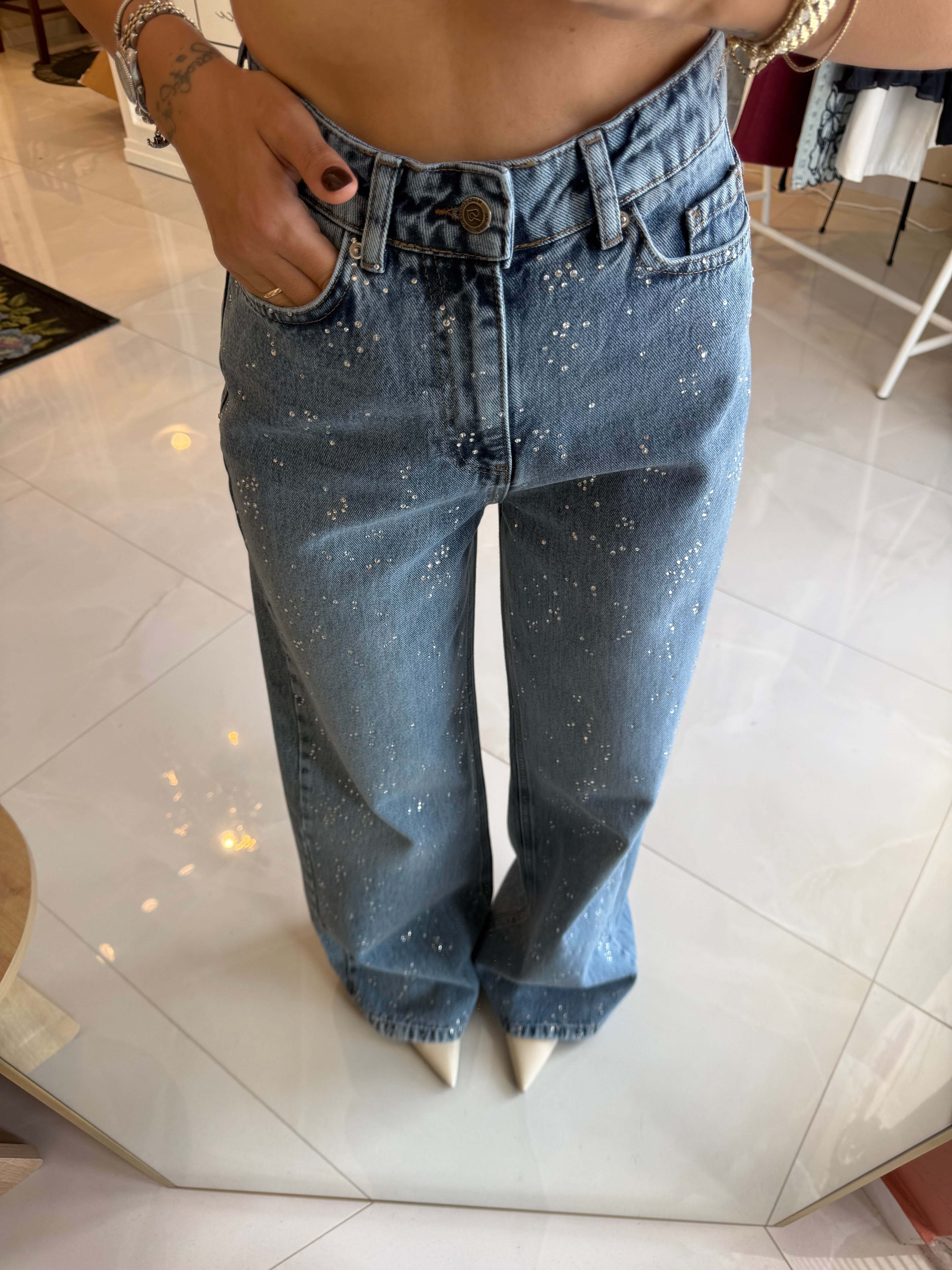 Taşlı Wide Leg Yüksek Bel Jean