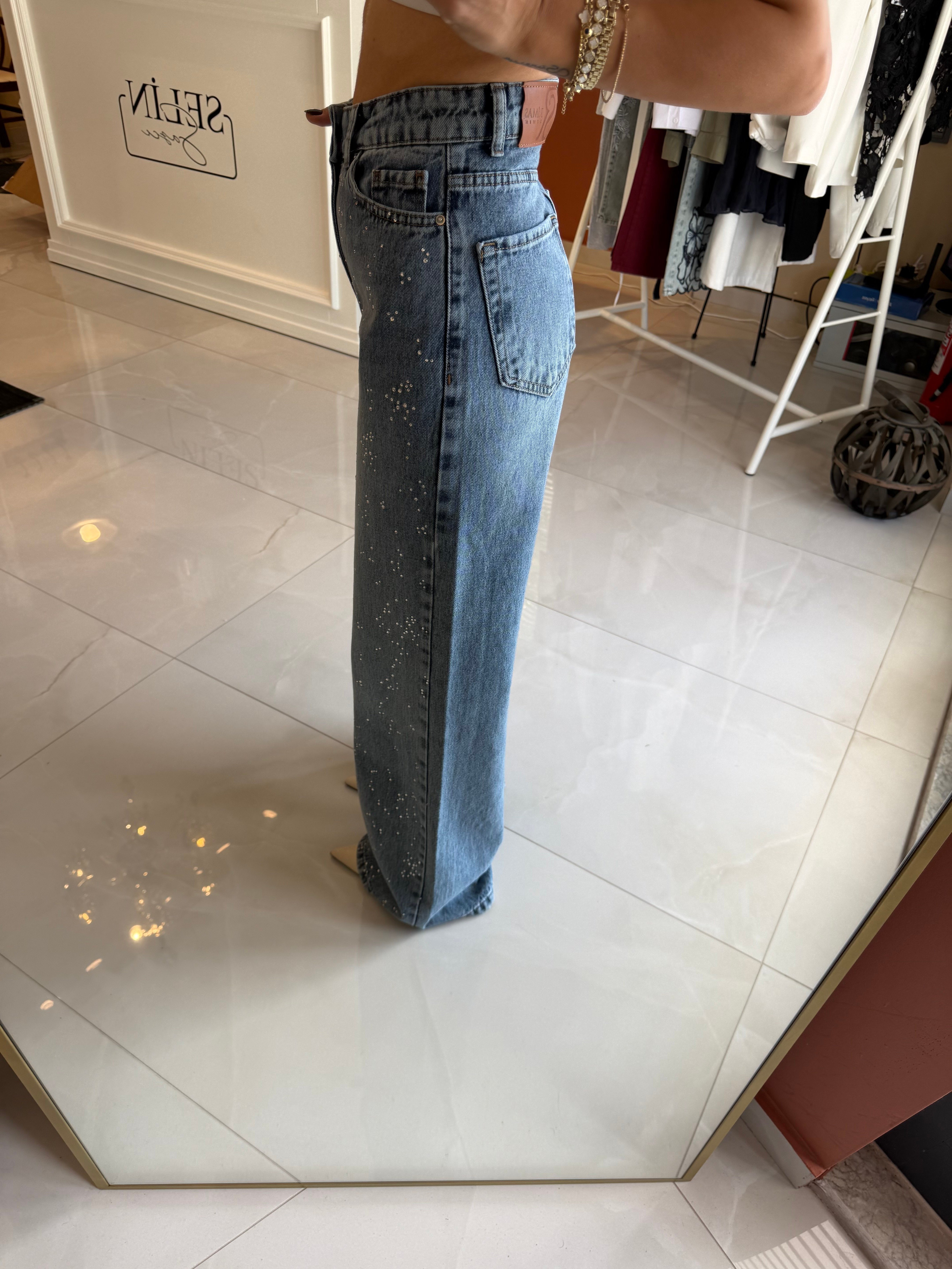 Taşlı Wide Leg Yüksek Bel Jean
