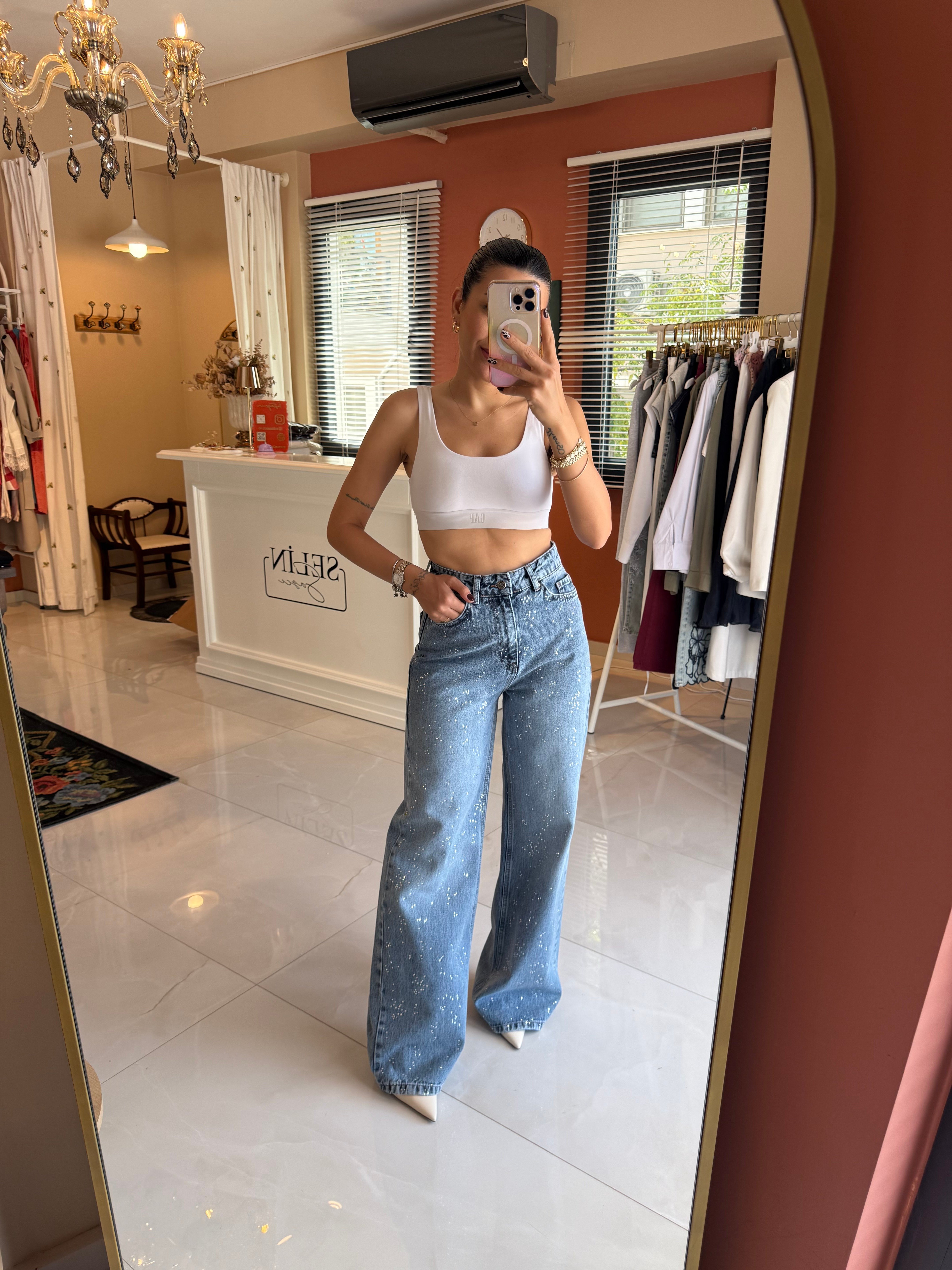 Taşlı Wide Leg Yüksek Bel Jean