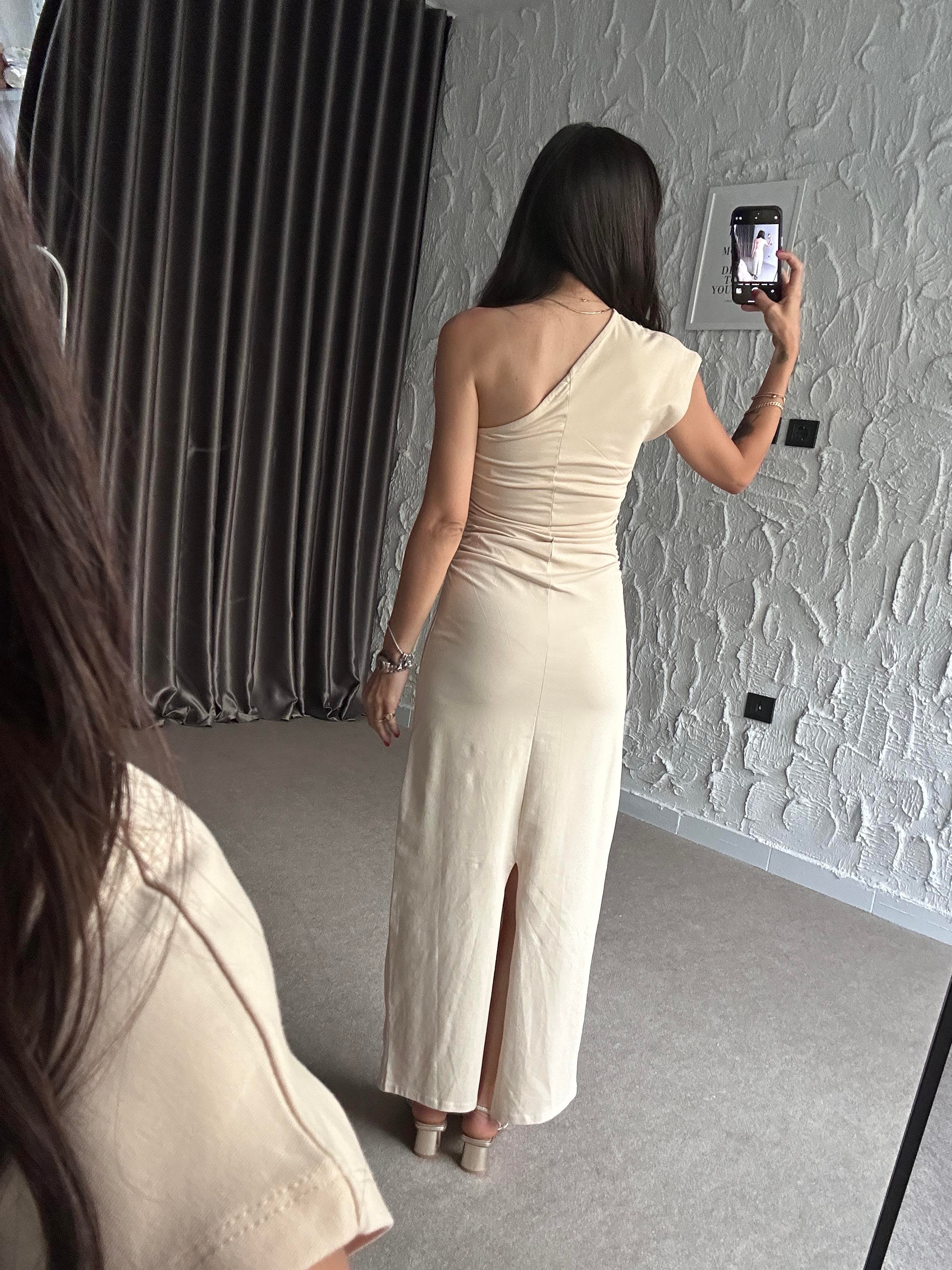 Tek Omuz Drape Detaylı Uzun Elbise