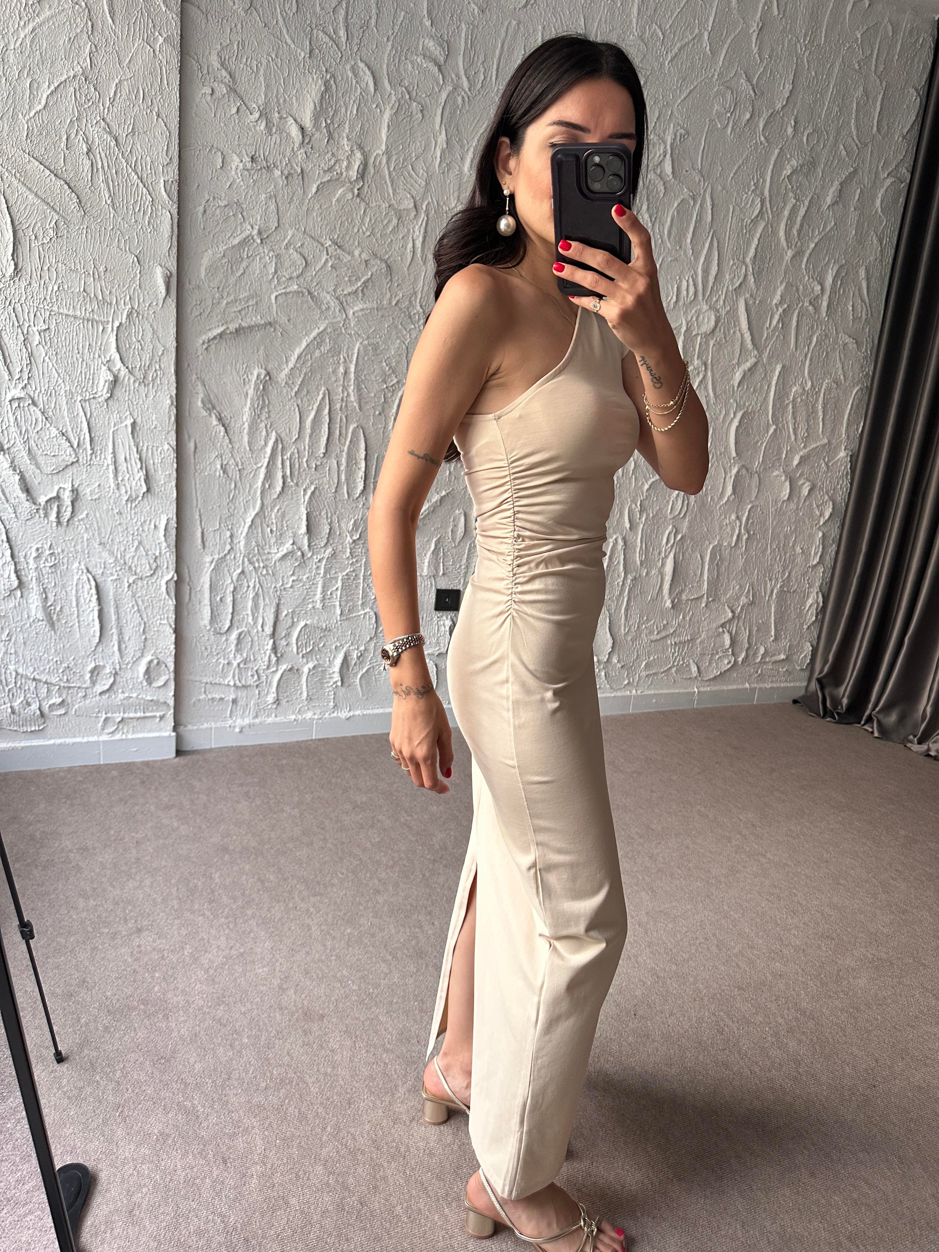 Tek Omuz Drape Detaylı Uzun Elbise